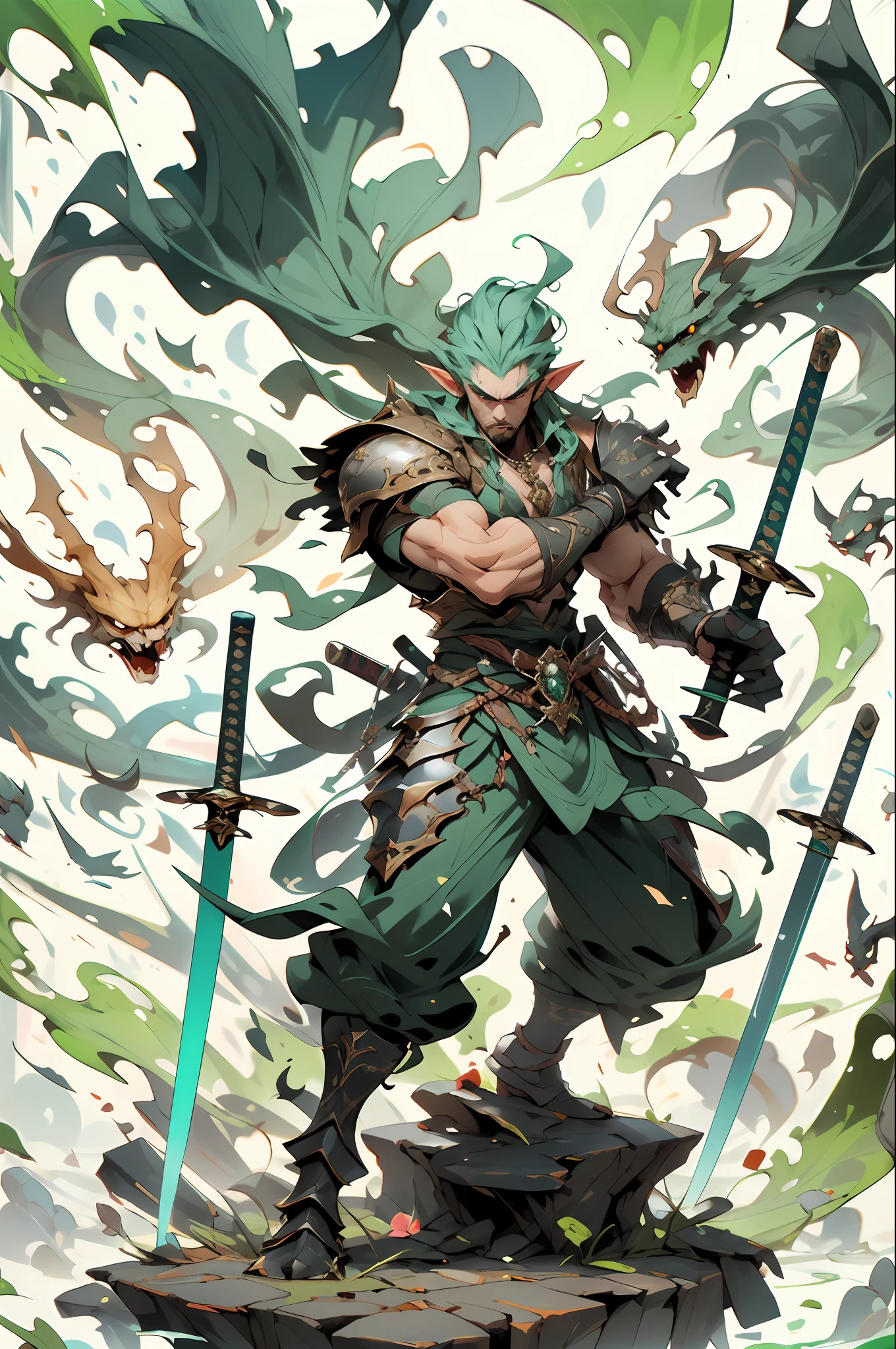 A fierce elf warrior brandishing a sword, standing atop a pile of fallen enemies in a raging battle. 1boy, weapon, male focus, , , holding sword, , , , armor, , sheath, pectorals, , , sheath, sheath, shoulder armor, full body, , facial hair, jewelry, , , , , muscular, 
,,