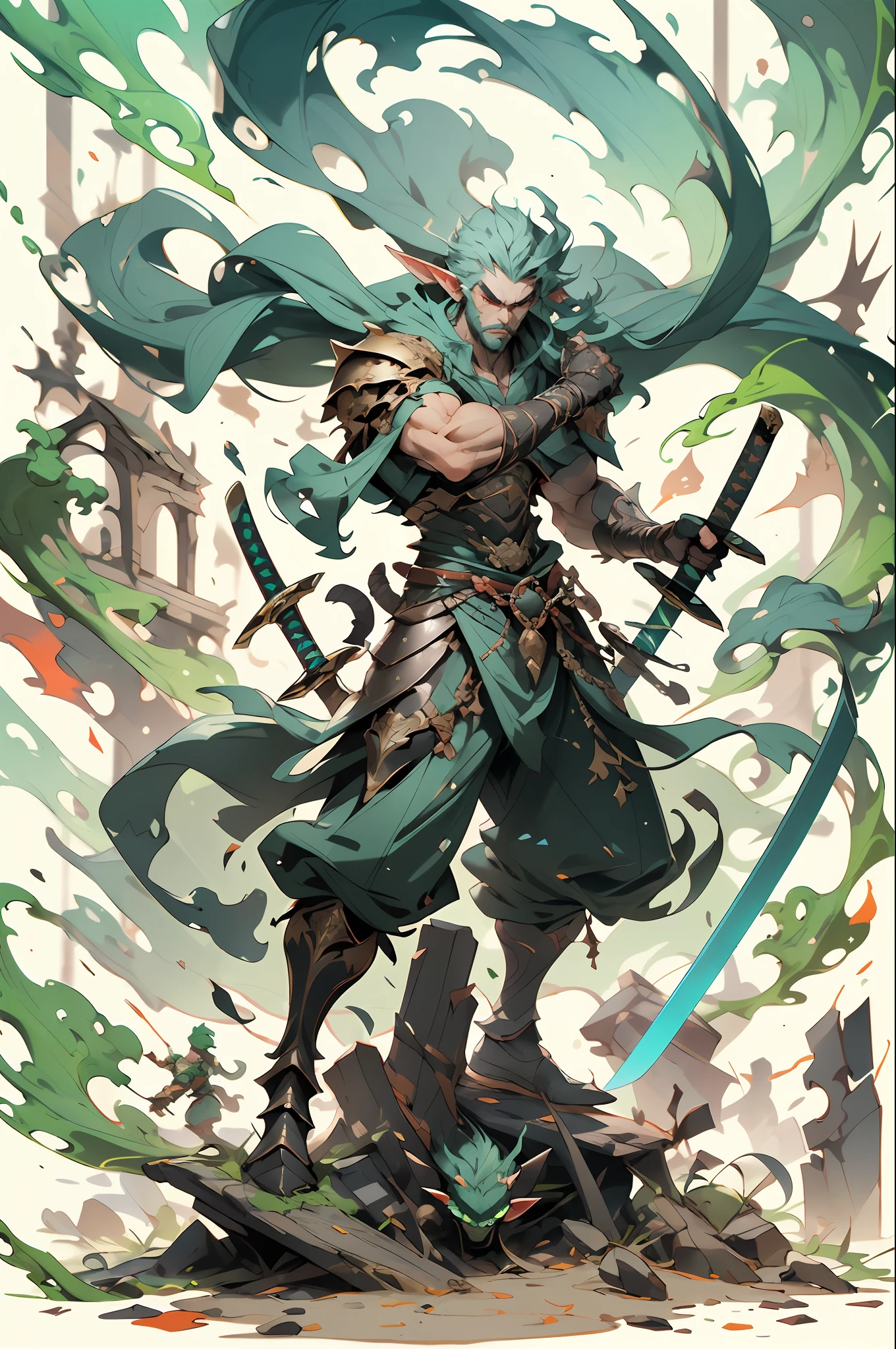 A fierce elf warrior brandishing a sword, standing atop a pile of fallen enemies in a raging battle. 1boy, weapon, male focus, , , holding sword, , , , armor, , sheath, pectorals, , , sheath, sheath, shoulder armor, full body, , facial hair, jewelry, , , , , muscular,
,,