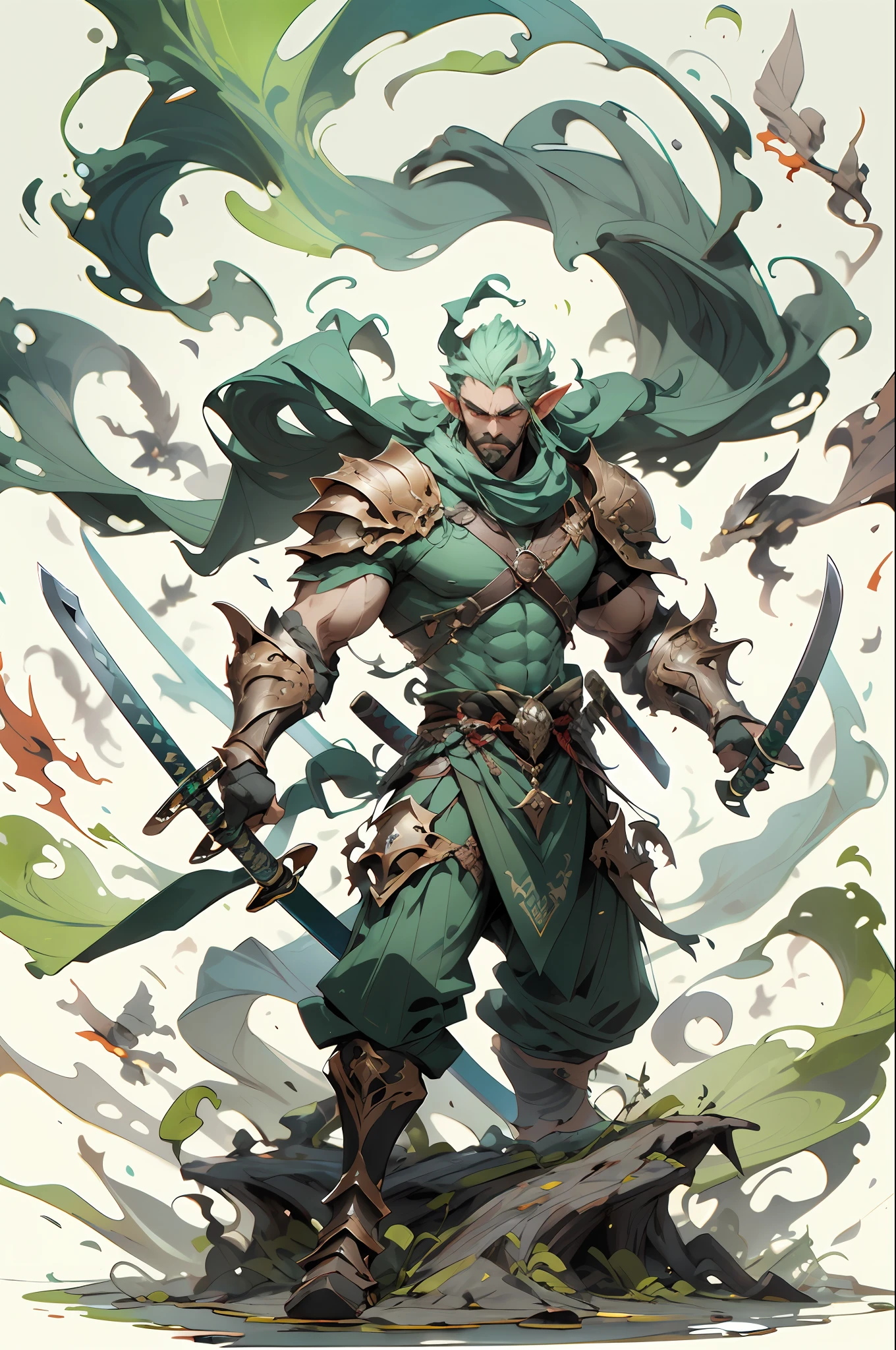 A fierce elf warrior brandishing a sword, standing atop a pile of fallen enemies in a raging battle. 1boy, weapon, male focus, , , holding sword, , , , armor, , sheath, pectorals, , , sheath, sheath, shoulder armor, full body, , facial hair, jewelry, , , , , muscular,
,,