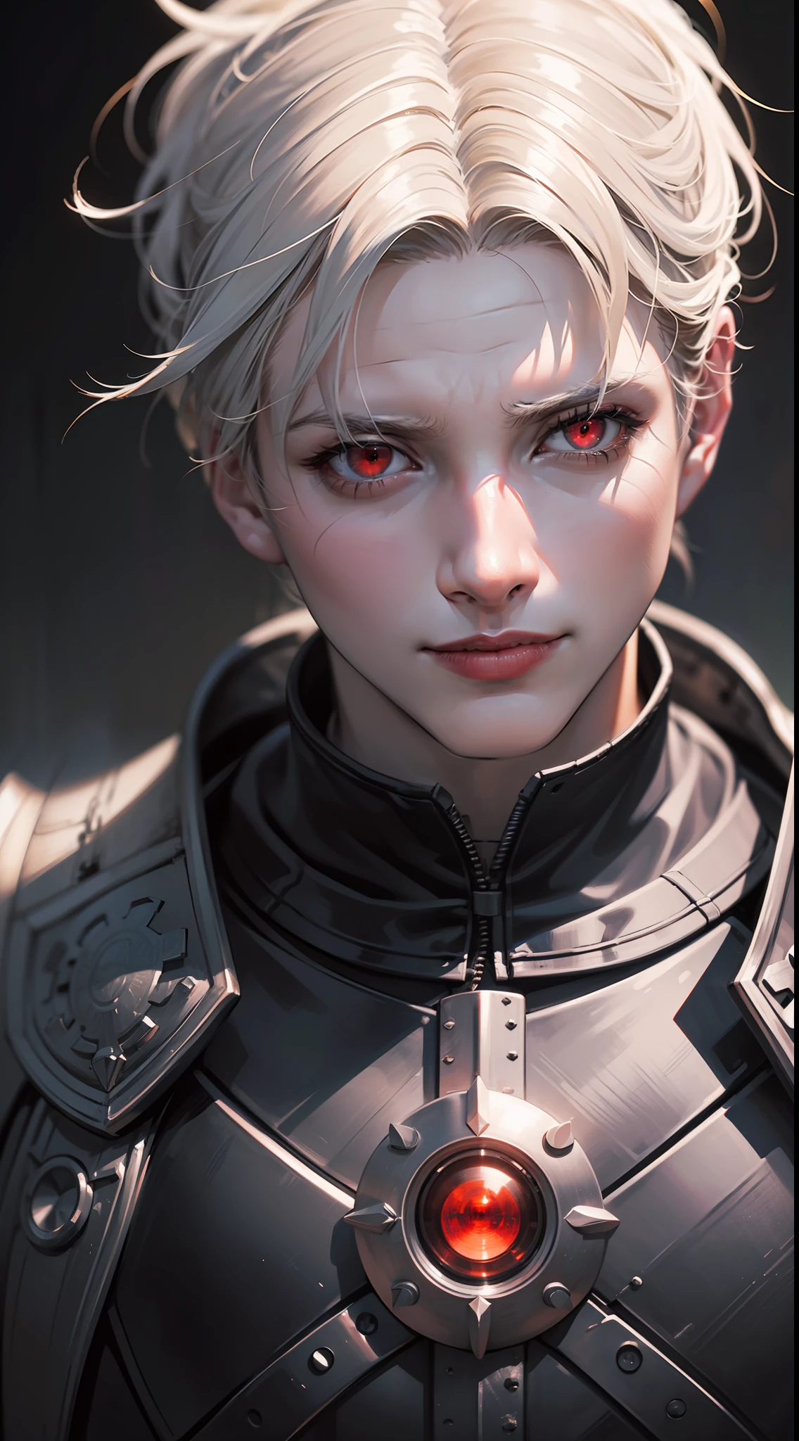 (8k, RAW photo, highest quality),(epic realistic:1.5),1boy,caucasian,white hair,smirk,((bright red eyes)),photorealistic,evil look,full armor,dark souls,intricate details,cinematic,dark studio,(hdr:1.5),detailed,muted colors,
