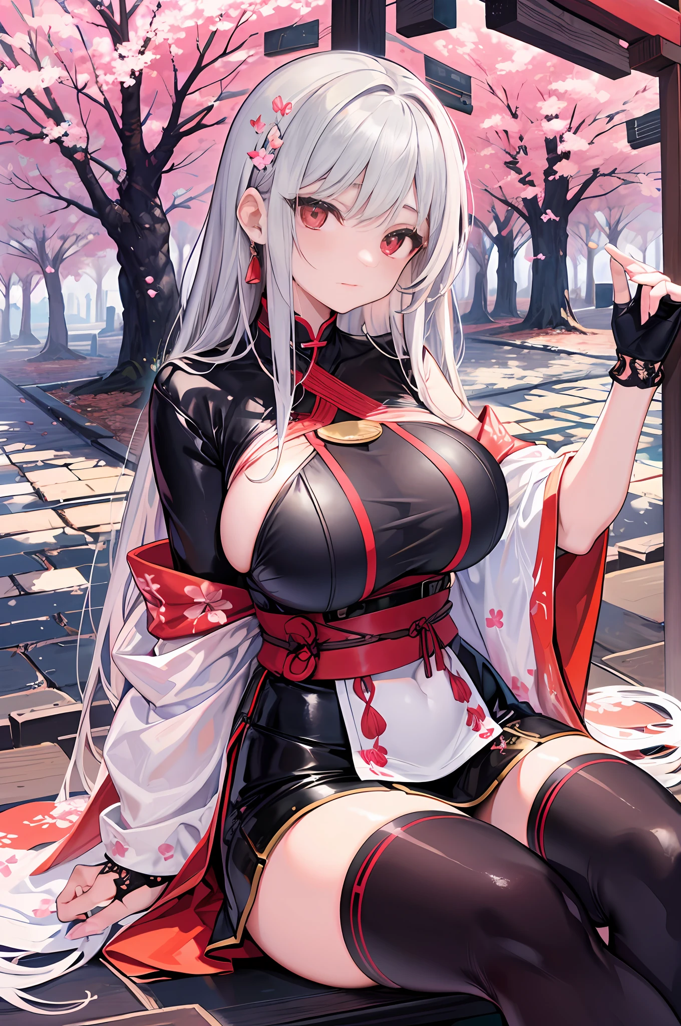 masterpiece, best quality, high_resolution, fine detail, very detailed and beautiful, distinct_image, 1个女孩, Solo, ,silver-haired,front-facing, red eyes, (huge breasts), (),miniskirt,thighhigh, curvaceous,torii,cherry blossom,