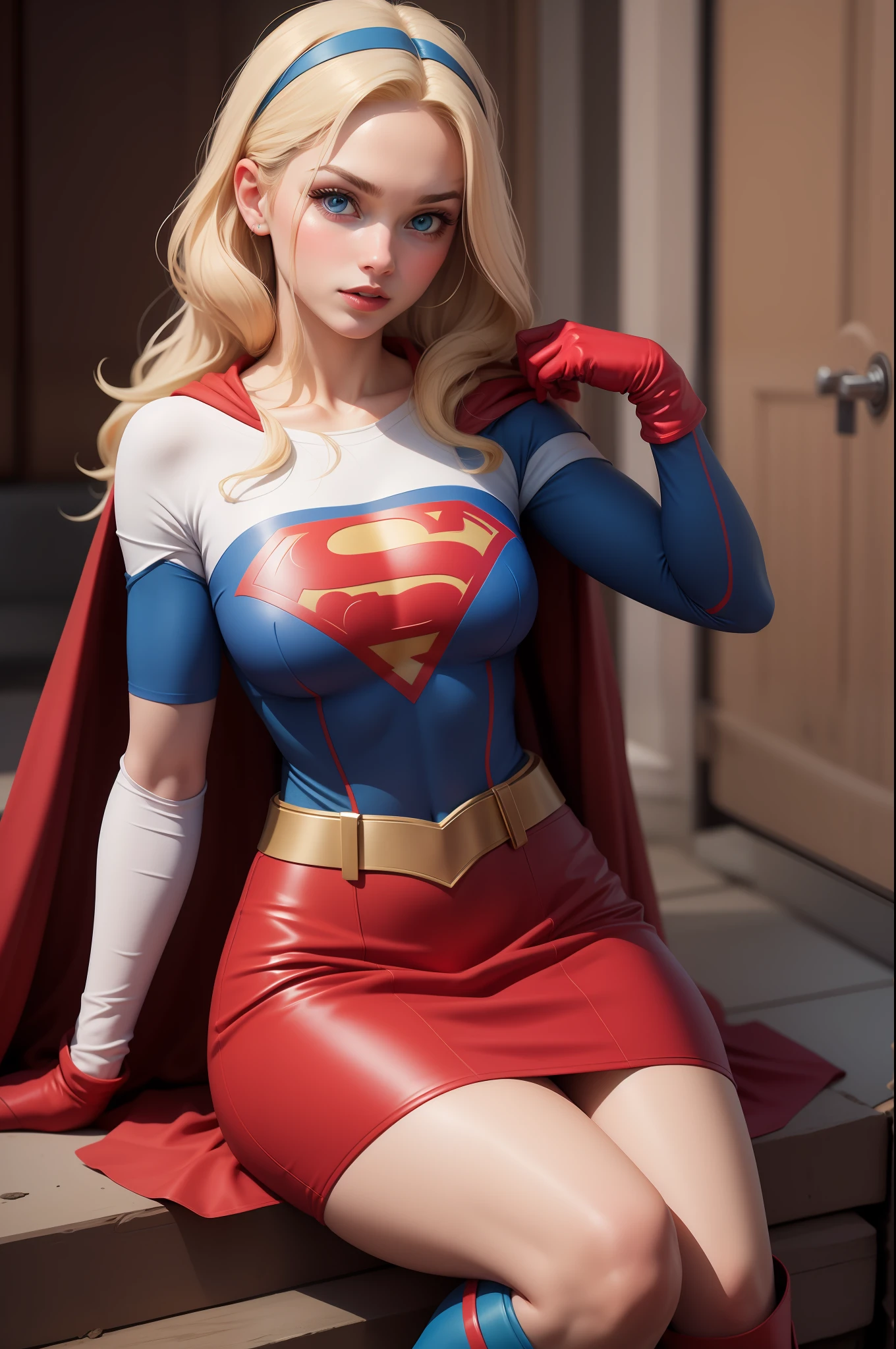 sexy Supergirl long blonde hair and blue eyes, black hairband, white croptop, short sleeves, red cape, blue pencil skirt, red boots, white gloves