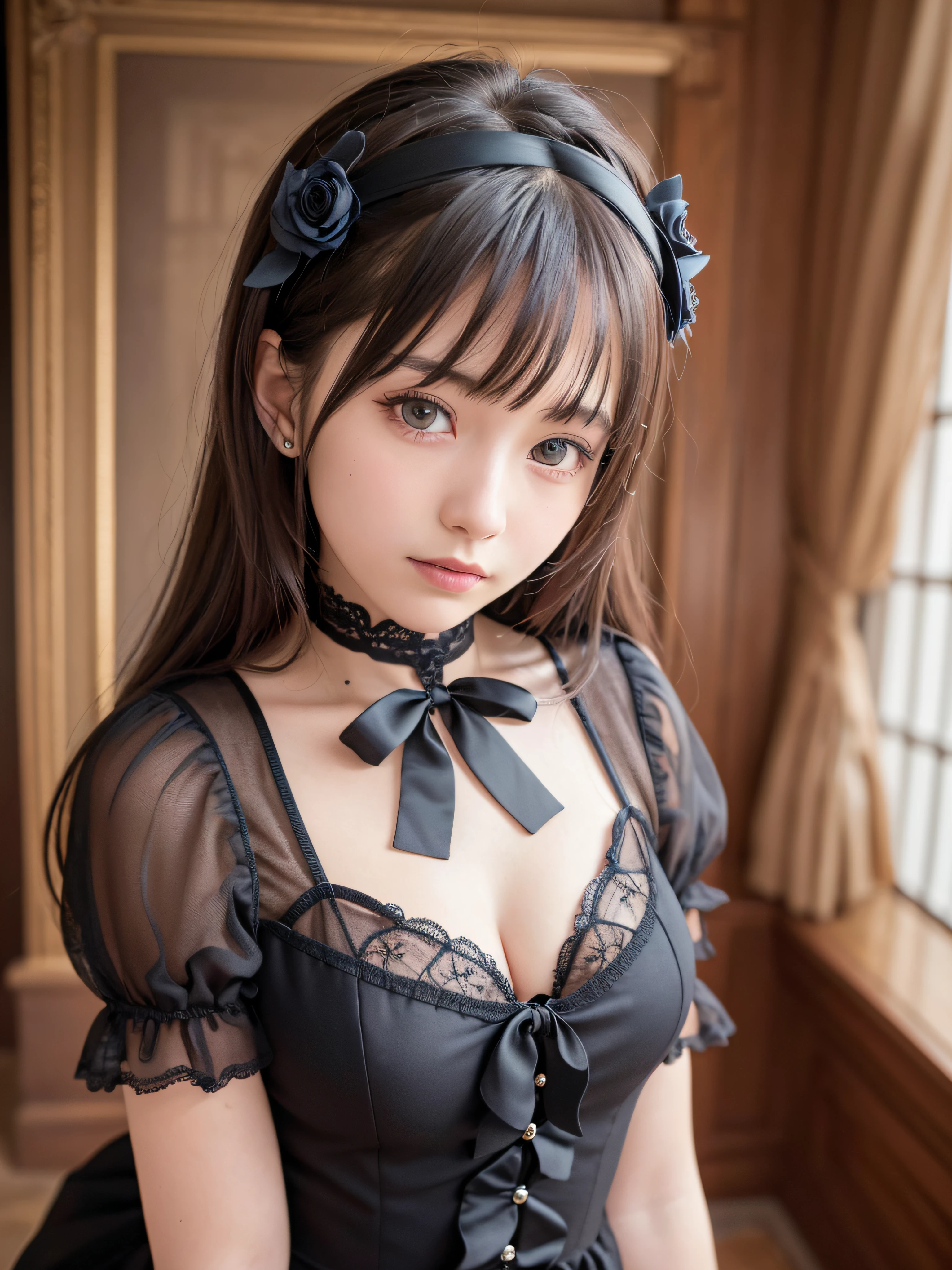 (realistic, photo-realistic:1.37), incredibly absurdres, (insanely detailed:1.3), 8k, (masterpiece), (best quality:1.4), (ultra high res:1.2), (RAW photo:1.2), ultra detailed background, (unity 8k wallpaper), 1 nogizaka girl, utterly cute, bishojo, 15yo, (gothic lolita fashion), an exquisitely detailed and beautiful face and eyes and skin, detailed black shine hair, small-medium breasts, cleavage, open chest, elegant frills, frilled tie, ribbon tie, rose hair accessory, a dress with delicate lace, soft fabric, and a beautiful rose pattern, smile at the camera, cowboy shot, castles scenery in europe, professional lighting