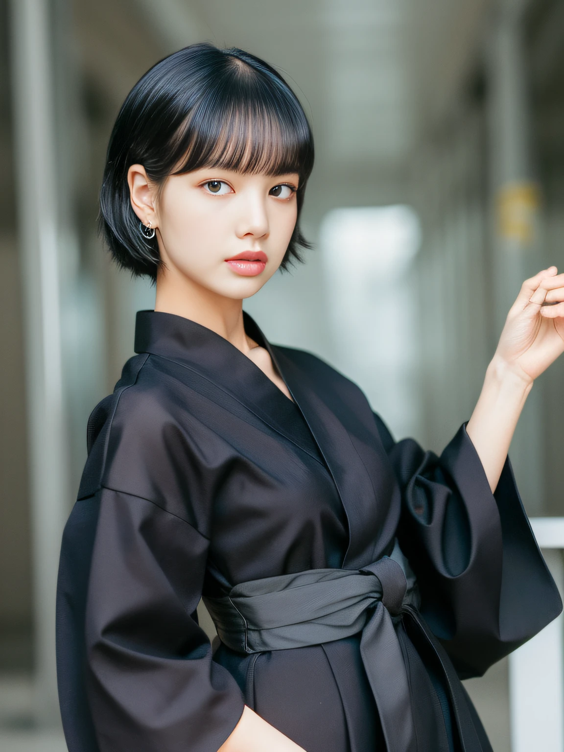 Jennie face shape, a woman in a black dress, complex hakama, hakama kimono, Japanese clothing, 1 9 2 0 s, 1920s, 1 9 2 0 cloth style, wearing hakama, 1 9 1 0 s, 1910s, inspired by Akira Yamamoto
