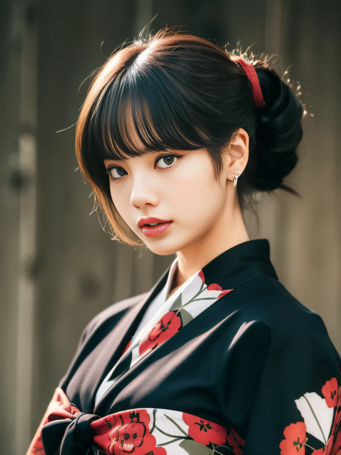 Jennie face shape, a woman in a black dress, complex hakama, hakama kimono, Japanese clothing, 1 9 2 0 s, 1920s, 1 9 2 0 cloth style, wearing hakama, 1 9 1 0 s, 1910s, inspired by Akira Yamamoto