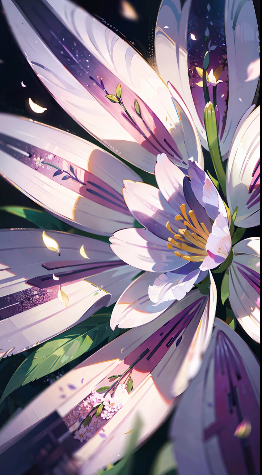 Close-up of lilies, high-precision picture quality, beautiful white background showing a lily picture. White lilies bloom towards us in pictures, capturing every corner of the human eye. The details of the petals are delicate and gorgeous, the exotic ears take on a sense of mystery, and the glowing details make the flowers look even more delicate. Improve the details of the stem and flower of the cosmic lily to make the picture more perfect.