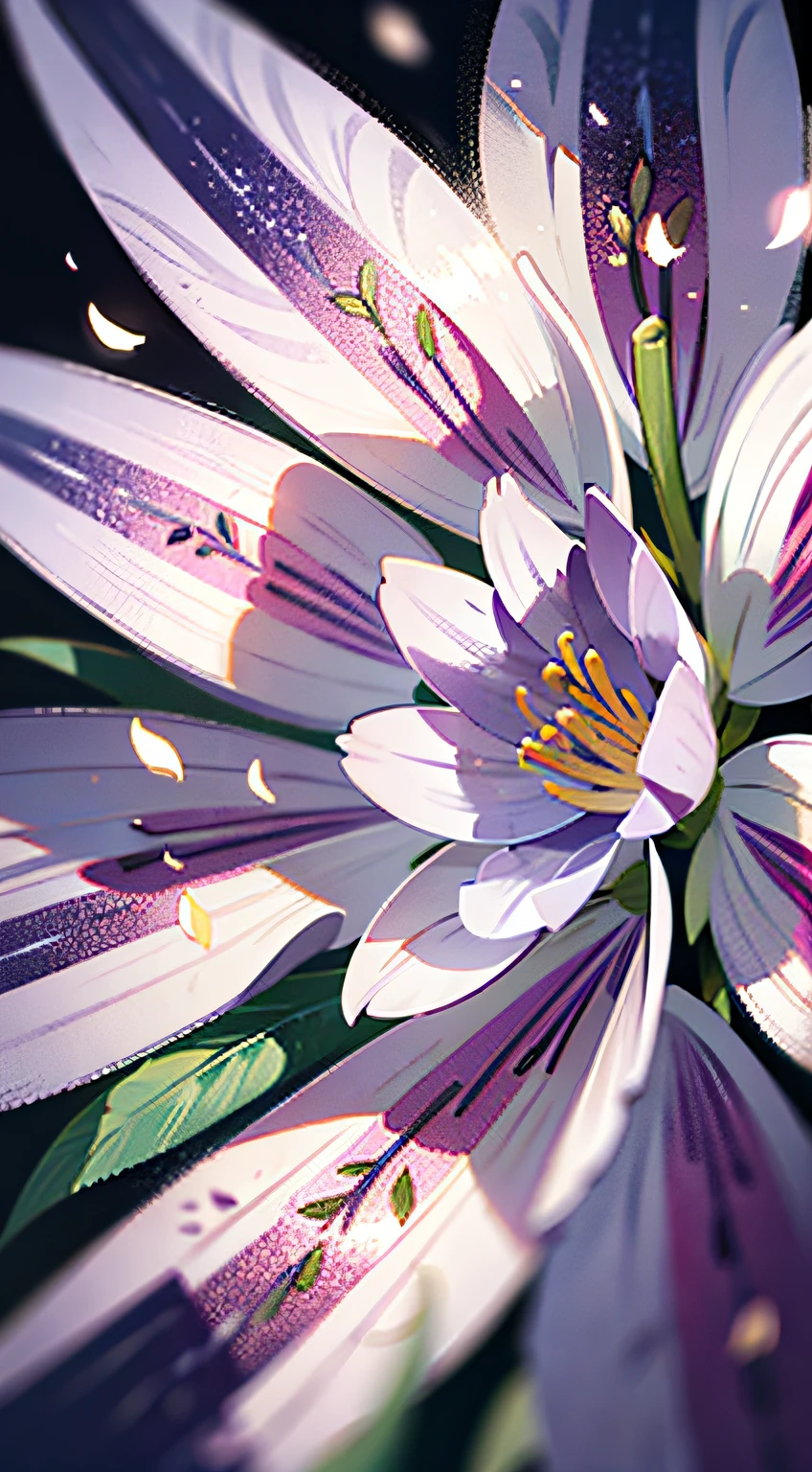 Close-up of lilies, high-precision picture quality, beautiful white background showing a lily picture. White lilies bloom towards us in pictures, capturing every corner of the human eye. The details of the petals are delicate and gorgeous, the exotic ears take on a sense of mystery, and the glowing details make the flowers look even more delicate. Improve the details of the stem and flower of the cosmic lily to make the picture more perfect.