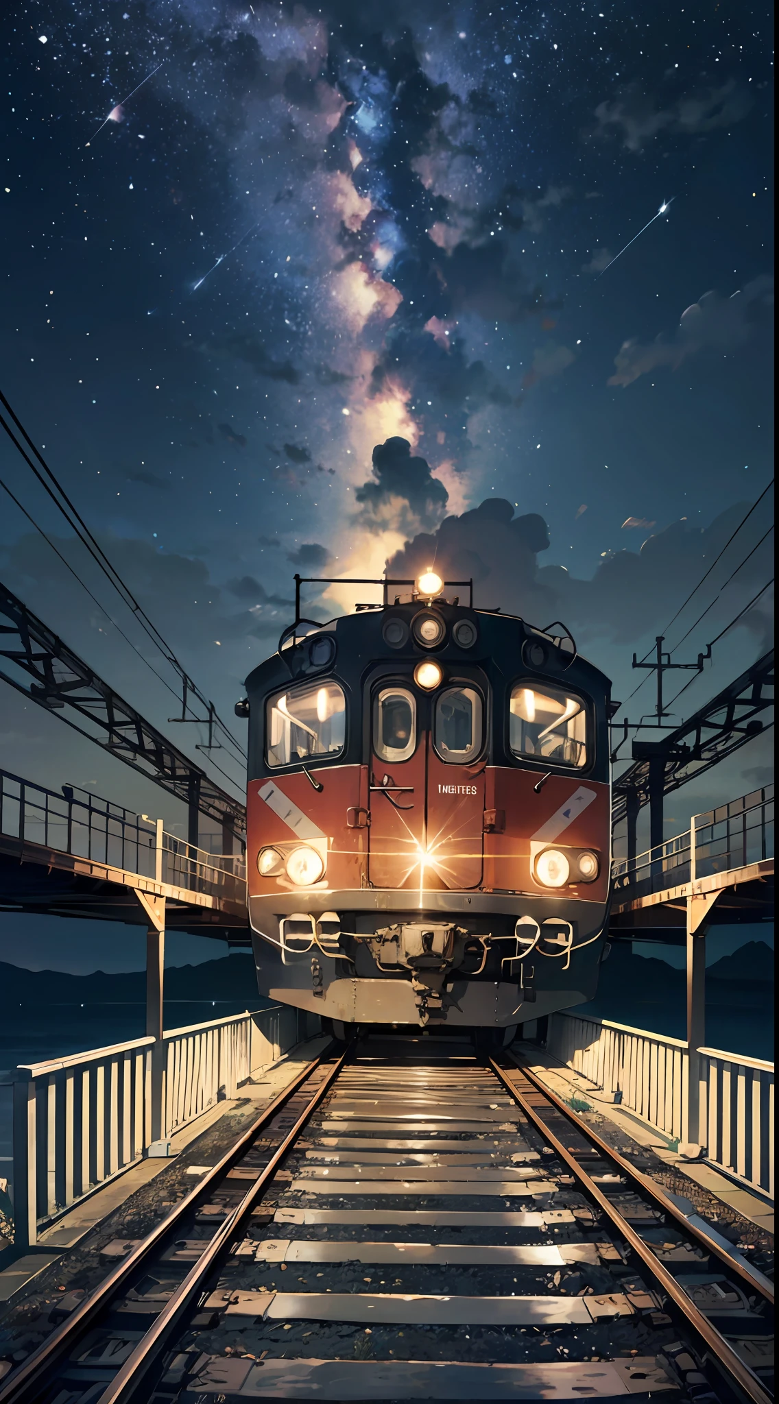 Front of a train coming towards camera, starry sky, narrow bridge, extremely detailed train front, extremely detailed sky, front of a train, front view of a train, train coming towards me, centralized train