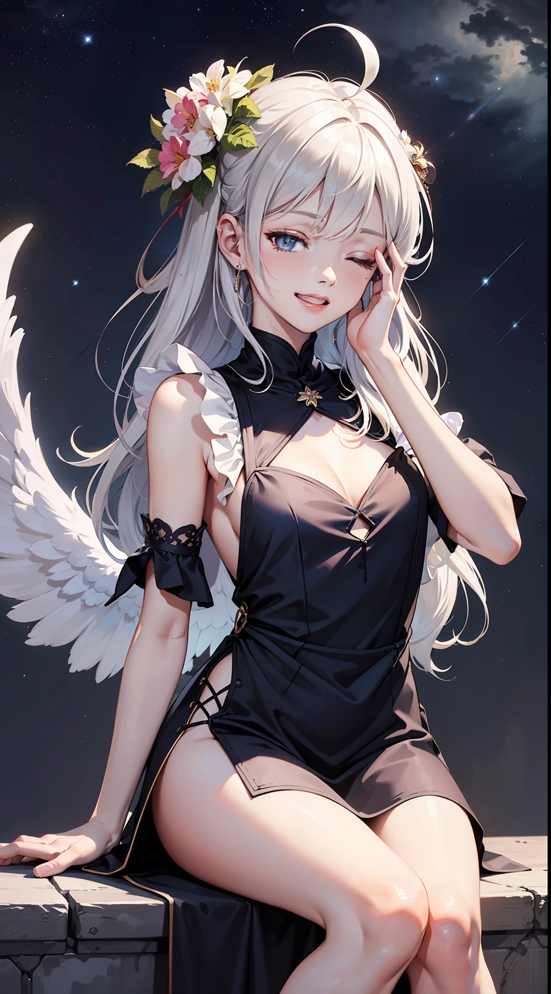 figure four sitting,(figure four sitting),(pov),(gradient background),(gohei),(anime screencap),(angel),(ahoge),(high ponytail),(Silver hair),(grin),(on side),(outstretched arm),(knees together),(light smile),(one eye closed),(chiffon dress),(hair flower),(flat_chest),,profile,full body,overall view,,starry sky,clusters of stars,photo (medium) ,white_hair/blonde_eyes,open mouth,looking at another,gill support,hand on own face,shushing,slim legs,expressionless,pettiskirt,{{{masterpiece}}},{extremely detailed CG unity 8k wallpaper},best quality,Amazing,finely detail,solo,cinematic lighting,close-up,{{floating hair}},{{Sakura}},outdoors,sky,{{wind}},detailed background,beautiful detailed eyes,,bright pupils,{{full body}}, dynamic pose,dynamic angle,looking at viewer,detailed clothes,,apron,