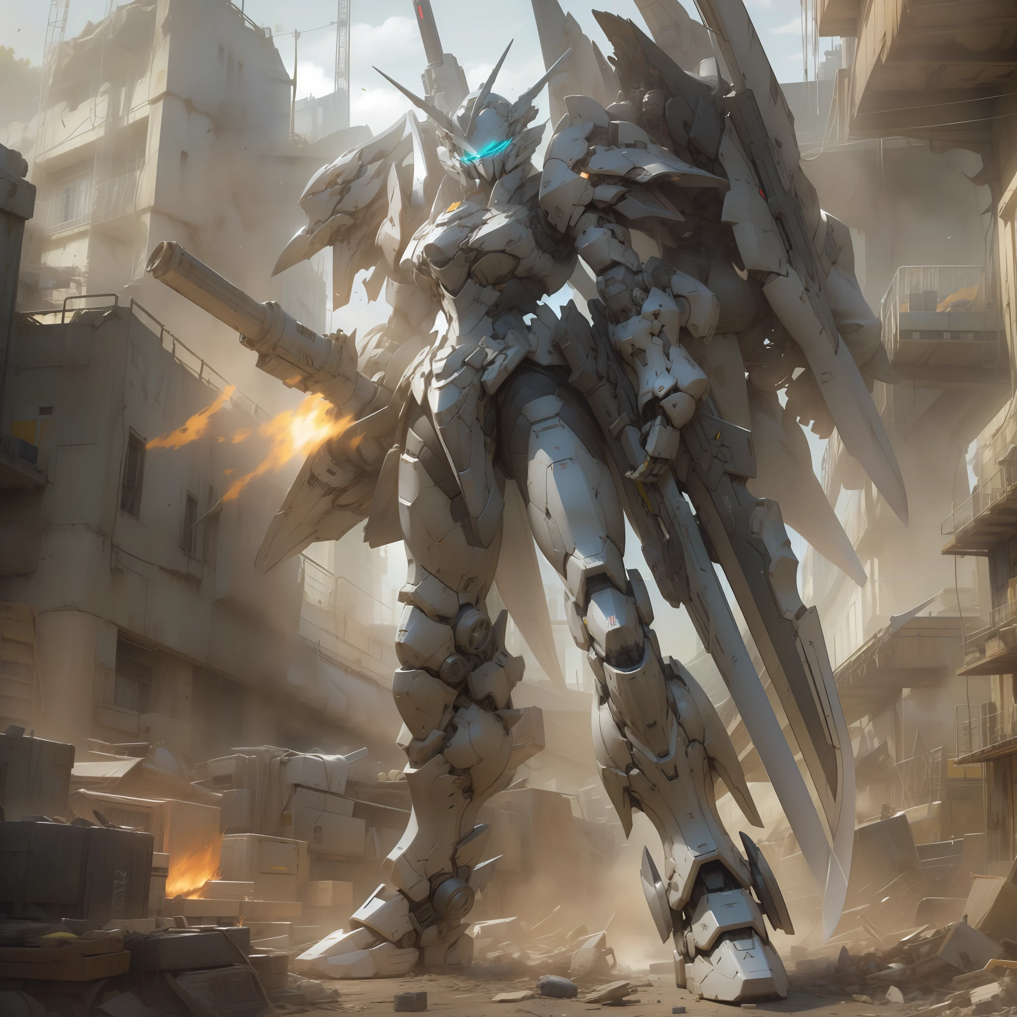 masterpiece, best quality, mecha, no humans, (full body), (black armor mecha:1.5), (Axisymmetric:1.4),(HDR), (cinematic light:1.1), blue eyes, science fiction, fire, laser canon beam, war, conflict, destroyed city background holding weapon,(holding huge weapon:1.5), holding Very large shield, mechagirl girl,