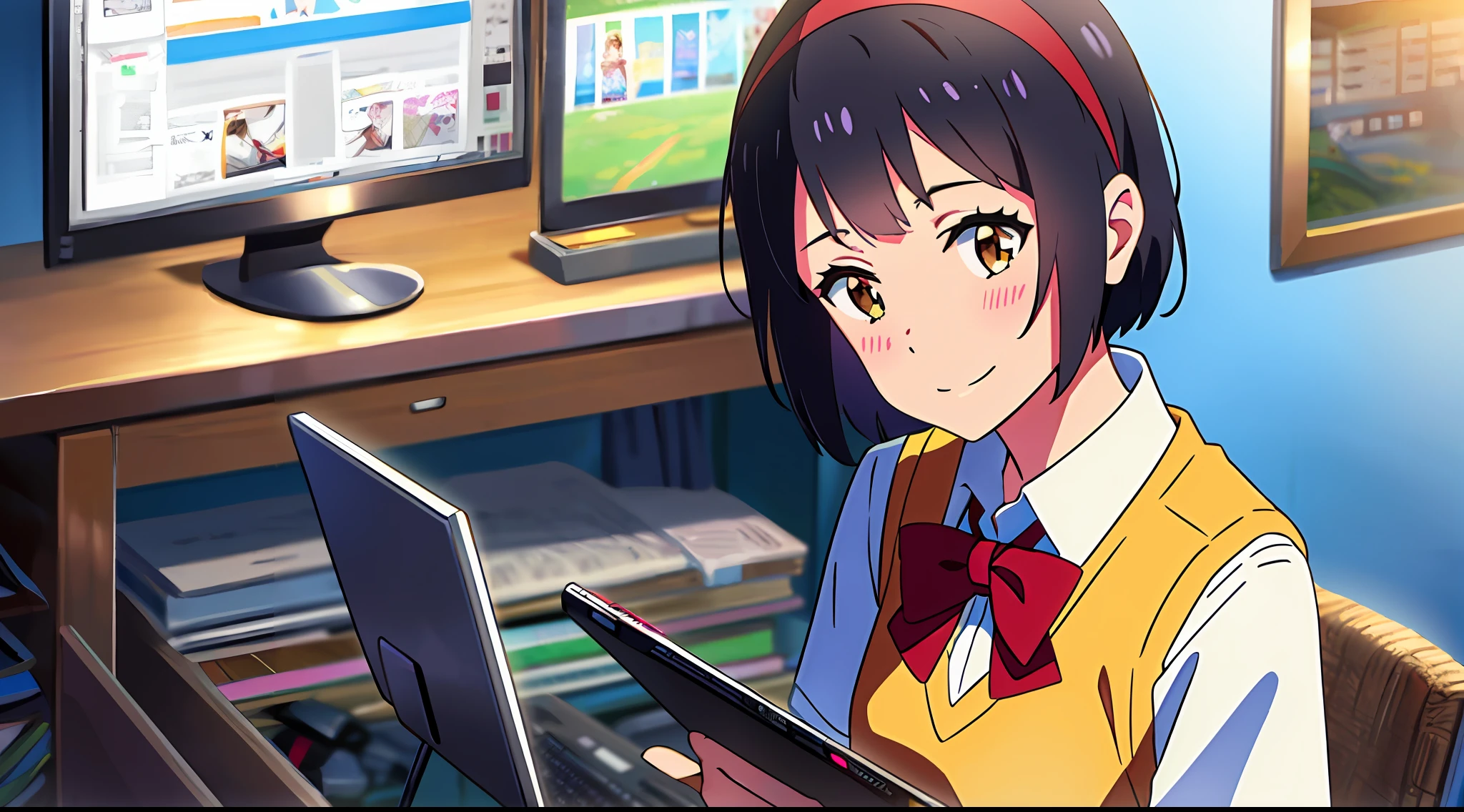 shinkai makoto, kimi no na wa., 1girl, bangs, black hair, blush, bow, bow, brown eyes, cloud, collared shirt, headband, headband, red bow, red headband, red ribbon, Ribbon, school uniform, shirt, short hair, sky, smile, solo, sweater vest, upper body, vest, white shirt, yellow sweater vest, yellow vest, girl playing video games, indoor, computer