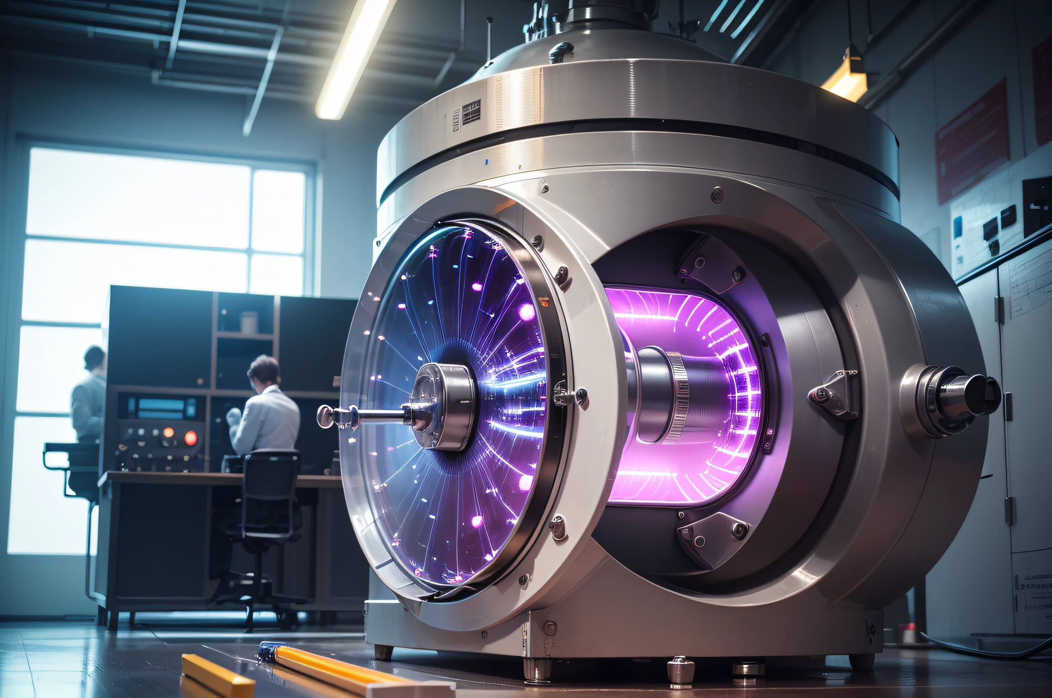 ((photo)), ((best quality)), ((masterpiece)), ((detailed)), a science laboratory with engineering equipment and vivid neon lighting, looking into a massive centrifuge.