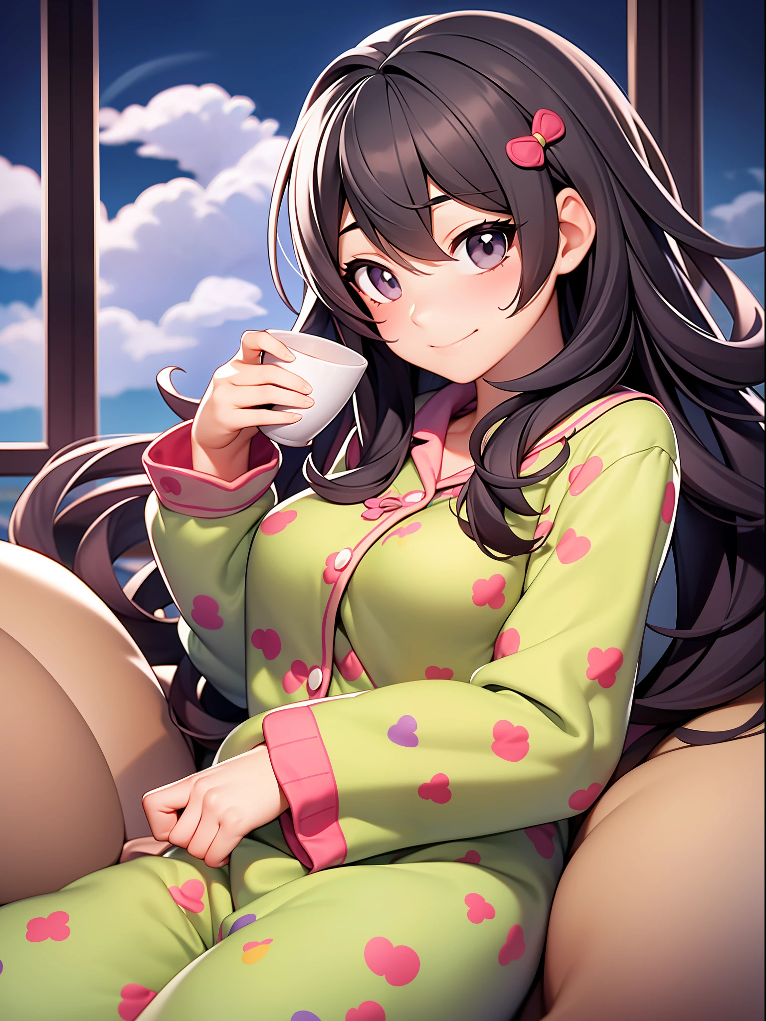 An adorable girl is wearing a cute pajamas, which combines comfort and cuteness. Her pajamas are made of a soft, colorful fabric, with cheerful prints, such as drawings of unicorns, clouds, or cute characters. She's wrapped in a cozy blanket, patterned with her pajamas. Her hair is messy in a charming way, and she holds a cup of hot chocolate, emanating a delicious aroma. A sweet smile graces the girl's face as she enjoys her moment of relaxation. She can be sitting in a comfortable armchair or lying on your bed, creating a pleasant and welcoming atmosphere.