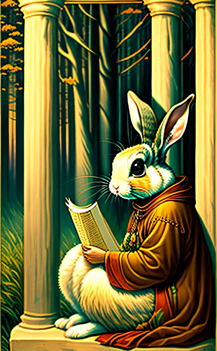 The High Priestess (女教皇)
"A serene rabbit, sitting between two pillars, holding a scroll of wisdom. The backdrop is a cryptic, moonlit forest."