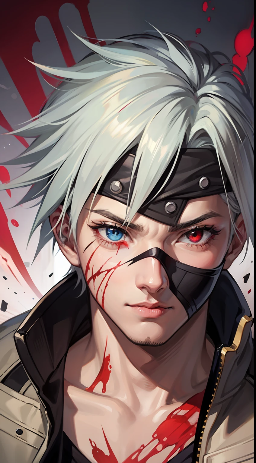 kakashi, 1boy, solo, male focus, glowing, red eyes, heterochromia, looking at viewer, glowing eye, blood, scar, ninja, glowing eyes, blood on face, scar on face