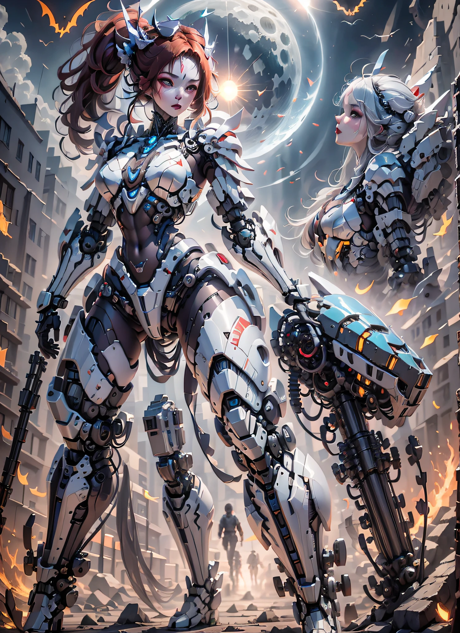 (Best Quality)), ((Masterpiece)), (Very Detailed: 1.3), 3D, Beautiful cyberpunk woman, predator cosplay, sci-fi technology, HDR (High Dynamic Range), ray tracing, nvidia RTX, super resolution, unreal 5, subsurface scattering, PBR texture, post-processing, anisotropic filtering, depth of field, maximum sharpness and sharpness, multi-layer texture, specular and albedo mapping, surface shading, accurate simulation of light-material interactions,  perfect proportions, octane rendering, duotone lighting, low ISO, white balance, rule of thirds, wide aperture, 8K RAW, high efficiency subpixels, subpixel convolution, light particles, light scattering, Tyndall effect, very sexy bikini, full body, battle pose, red hair with braids, bats in the sky notuno, full moon,