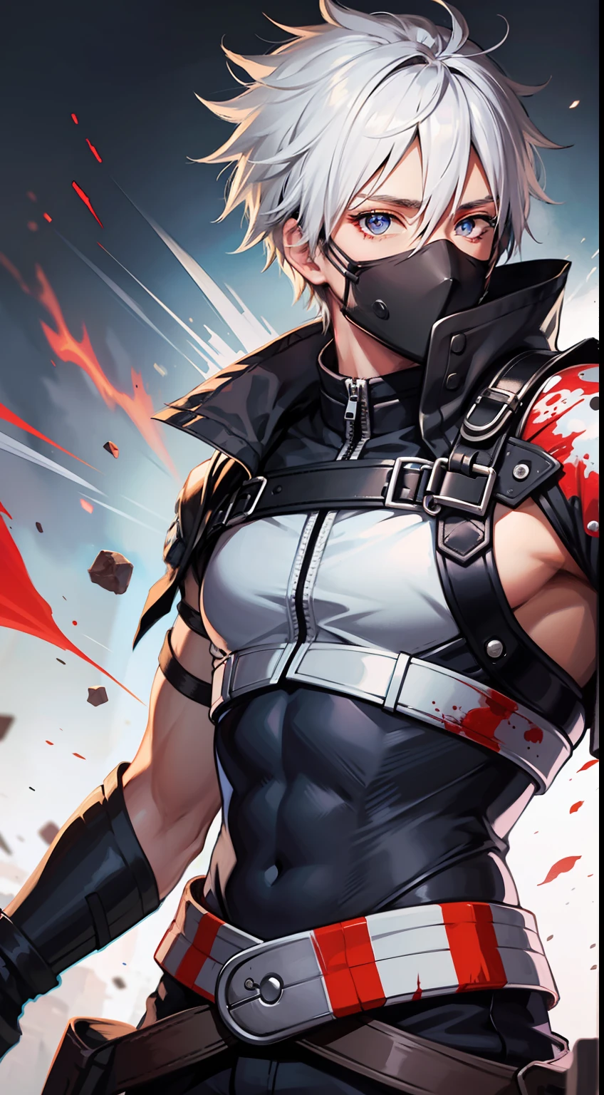 kakashi, 1boy, solo, male focus, glowing, red eyes, heterochromia, looking at viewer, glowing eye, blood, scar, ninja, glowing eyes, blood on face, scar on face