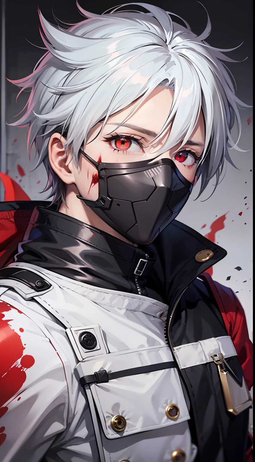 kakashi, 1boy, solo, male focus, glowing, red eyes, heterochromia, looking at viewer, glowing eye, blood, scar, ninja, glowing eyes, blood on face, scar on face