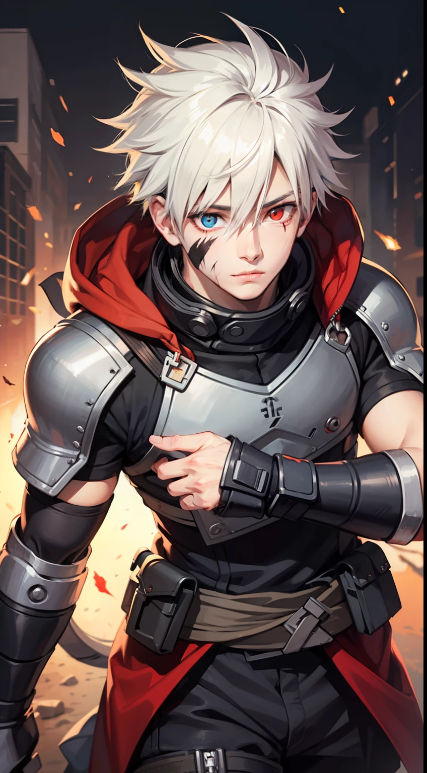 kakashi, 1boy, solo, male focus, glowing, red eyes, heterochromia, looking at viewer, glowing eye, blood, scar, ninja, glowing eyes, blood on face, scar on face