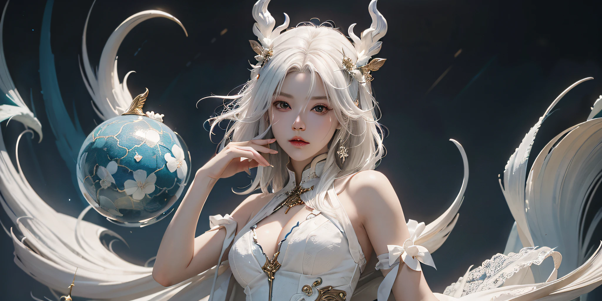 Close-up of a woman with white hair and white mask, beautiful figure painting, Guvitz, Guvitz style artwork, white-haired god, Yang J, epic fine character art, amazing character art, Fan Qi, slender legs, high heels, Wu Jun Shifan, Gu Vitz in pixiv art station