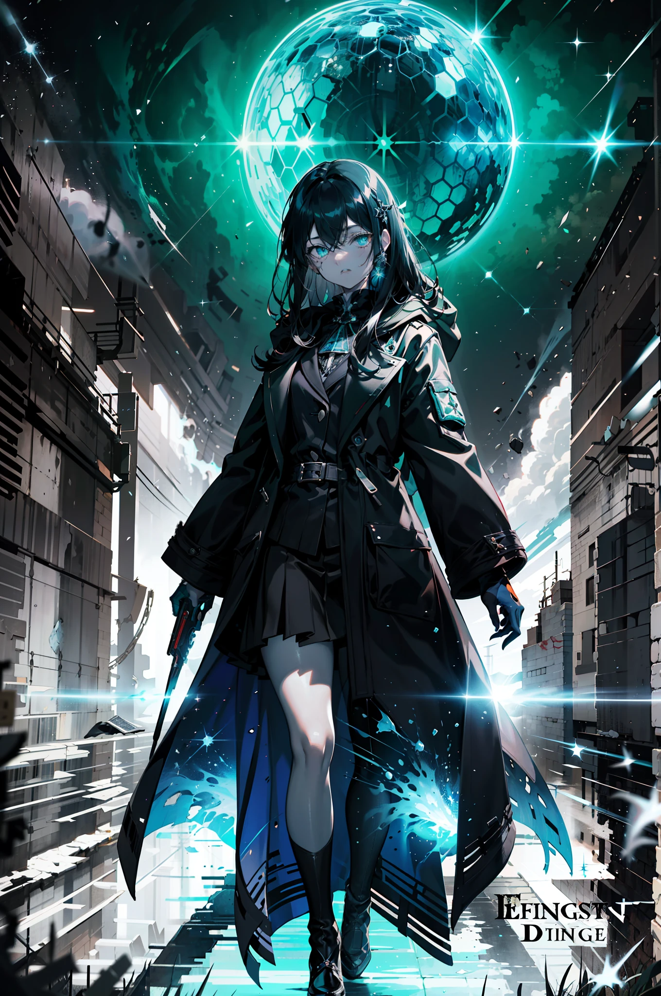 fantasy, epic, movie poster style illustration, a girl from (very long black hair, eyes with white iris, skin scarred by the perforations of the experiments in it, small eyes, pale skin, youthful appearance, wearing a black overcoat with a red energy emanating from her hands), using with her hand the power to disintegrate things (disintegrating a pistol until it turns to dust), with a dynamic and magical background, with prominent and well-designed typographic elements, standing, confident, determined, epic title, bold text (Frostborn), supernatural elements (Bungou Stray Dogs style), for seinen audience