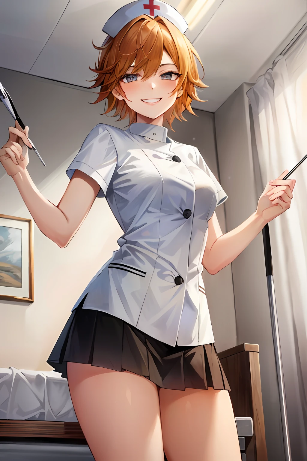 masterpiece, top quality, high resolution, masterpiece, girl in one, wicked smile, evil smile, evil plan, orange hair, white nurse uniform, short hair, brown eyes, mini skirt, hospital room, holding metal rod