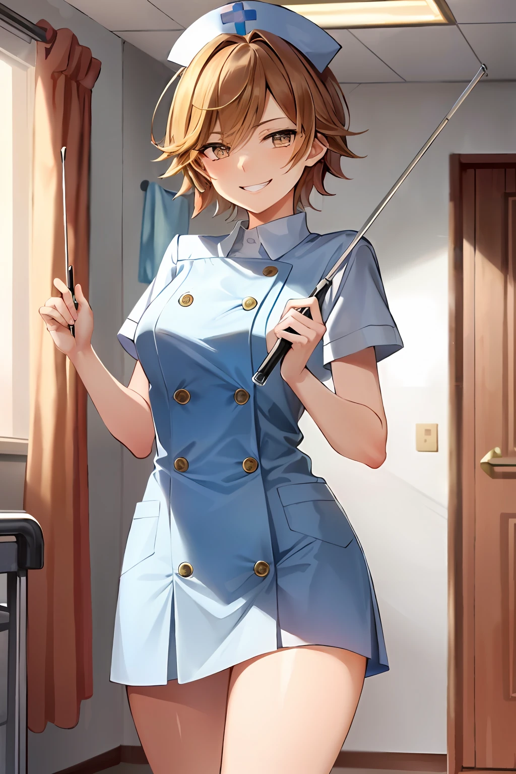 masterpiece, top quality, high resolution, masterpiece, girl in one, wicked smile, evil smile, evil plan, orange hair, white nurse uniform, short hair, brown eyes, mini skirt, hospital room, holding metal rod