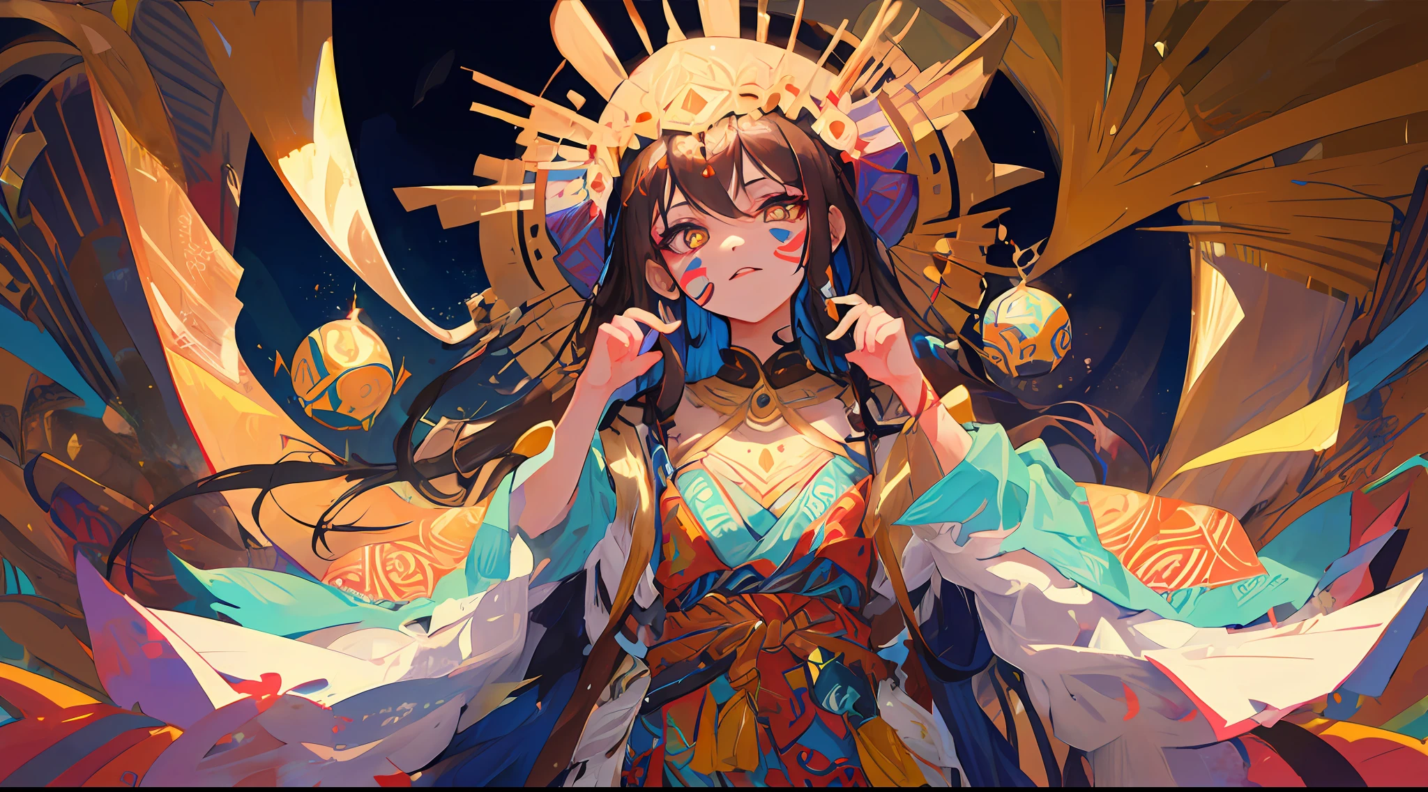 solo,absurdres, highres, ultra detailed
BREAK
(one girl:1.5), dark-brown skin, (colorful face painting:1.2), (make-up, eyeliner, lipswax:1.2), (brassiere), vivid, sparkling pupils, close-up, standing
BREAK
Polynesian tattoos, tribal patterns, indigenous art, geometric designs, cultural expression, spiritual symbolism, body art
BREAK
henna art, intricate patterns, natural dye, cultural traditions, Indian and Middle Eastern influences, body decoration
BREAK
tribal patterns, indigenous motifs, cultural designs, geometric shapes, traditional symbolism