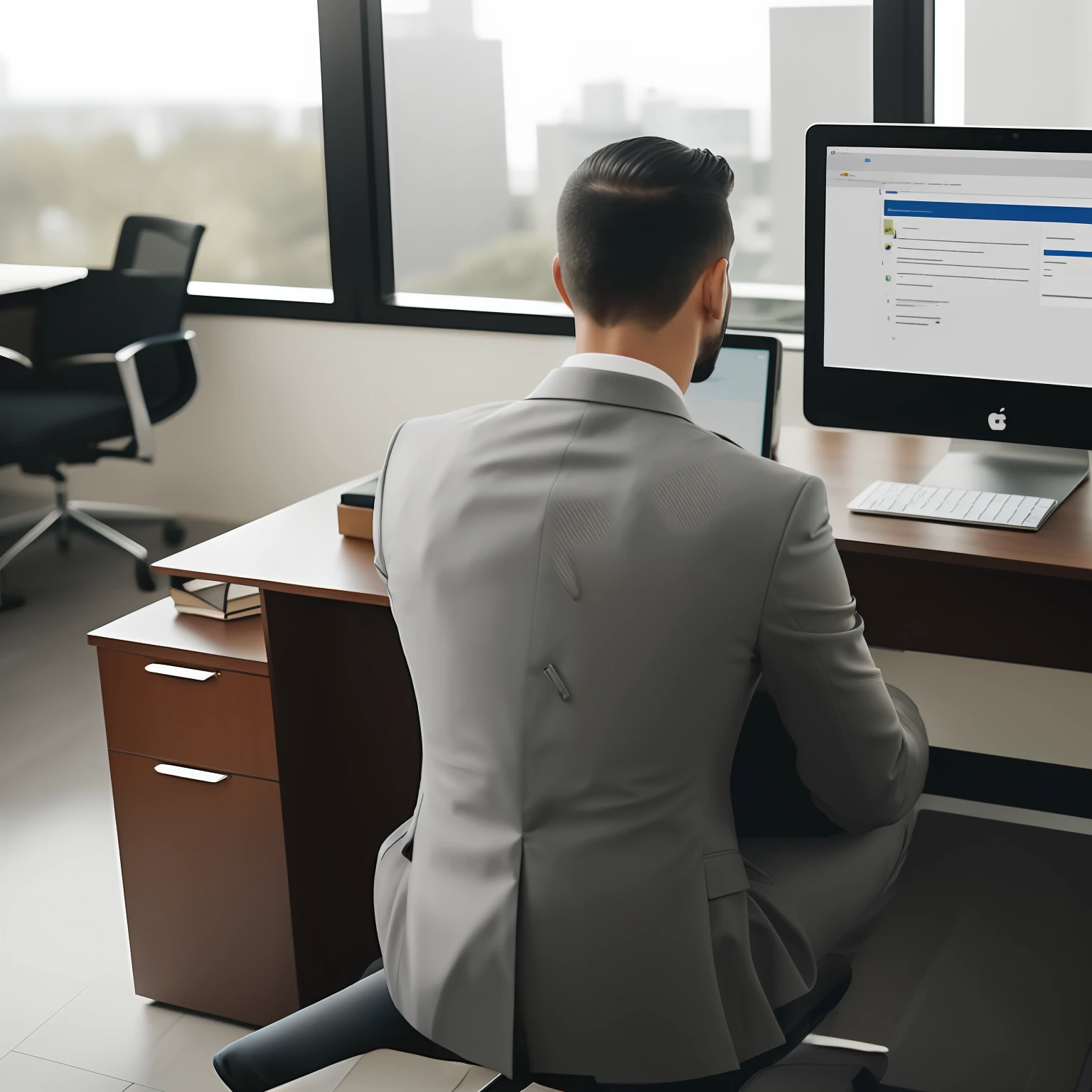a man in a suit using the computer and looking at his emails, office, day, back view --auto
