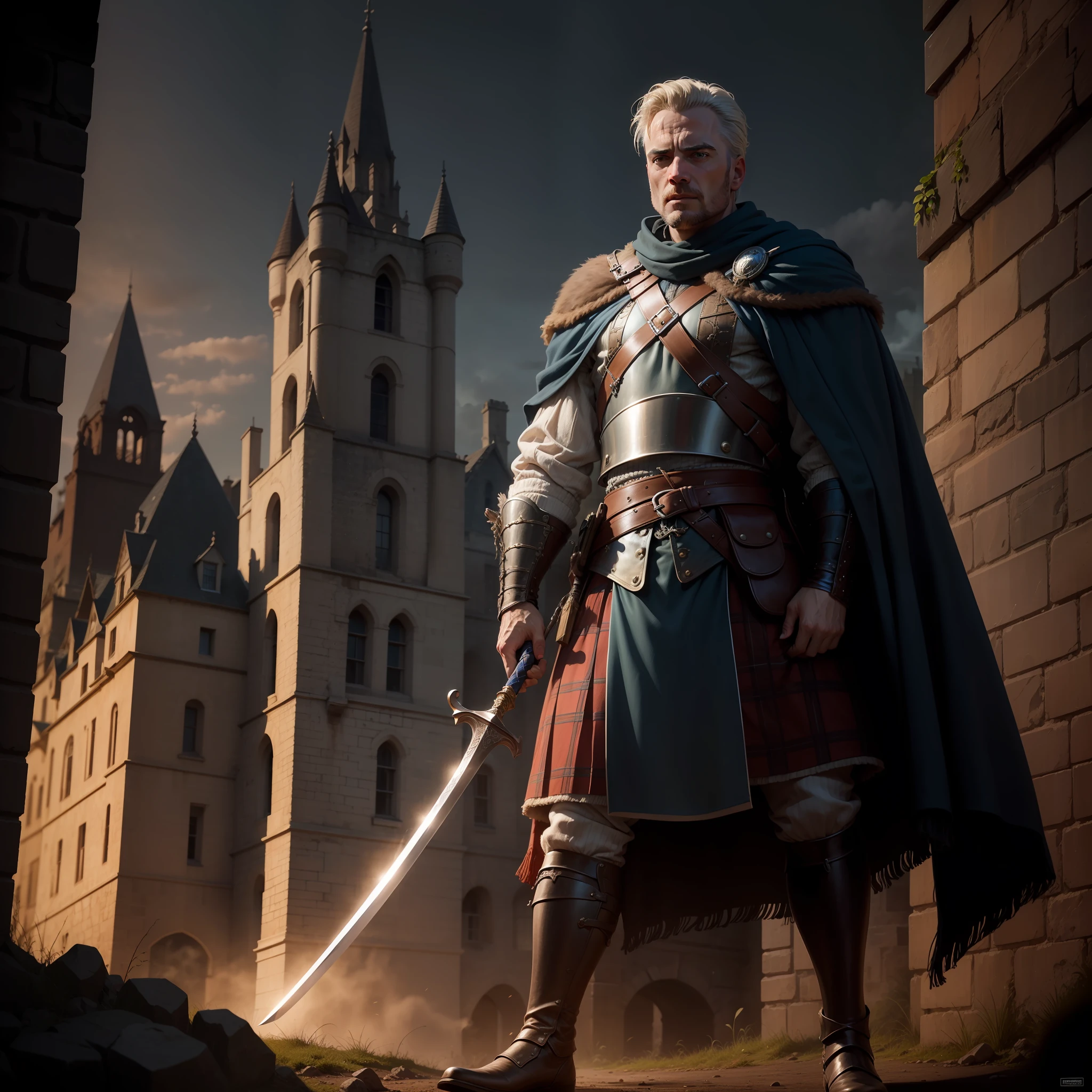 William Wallace,castle at night, Gothic Realistic ,4k, holding a sword ,Full body,