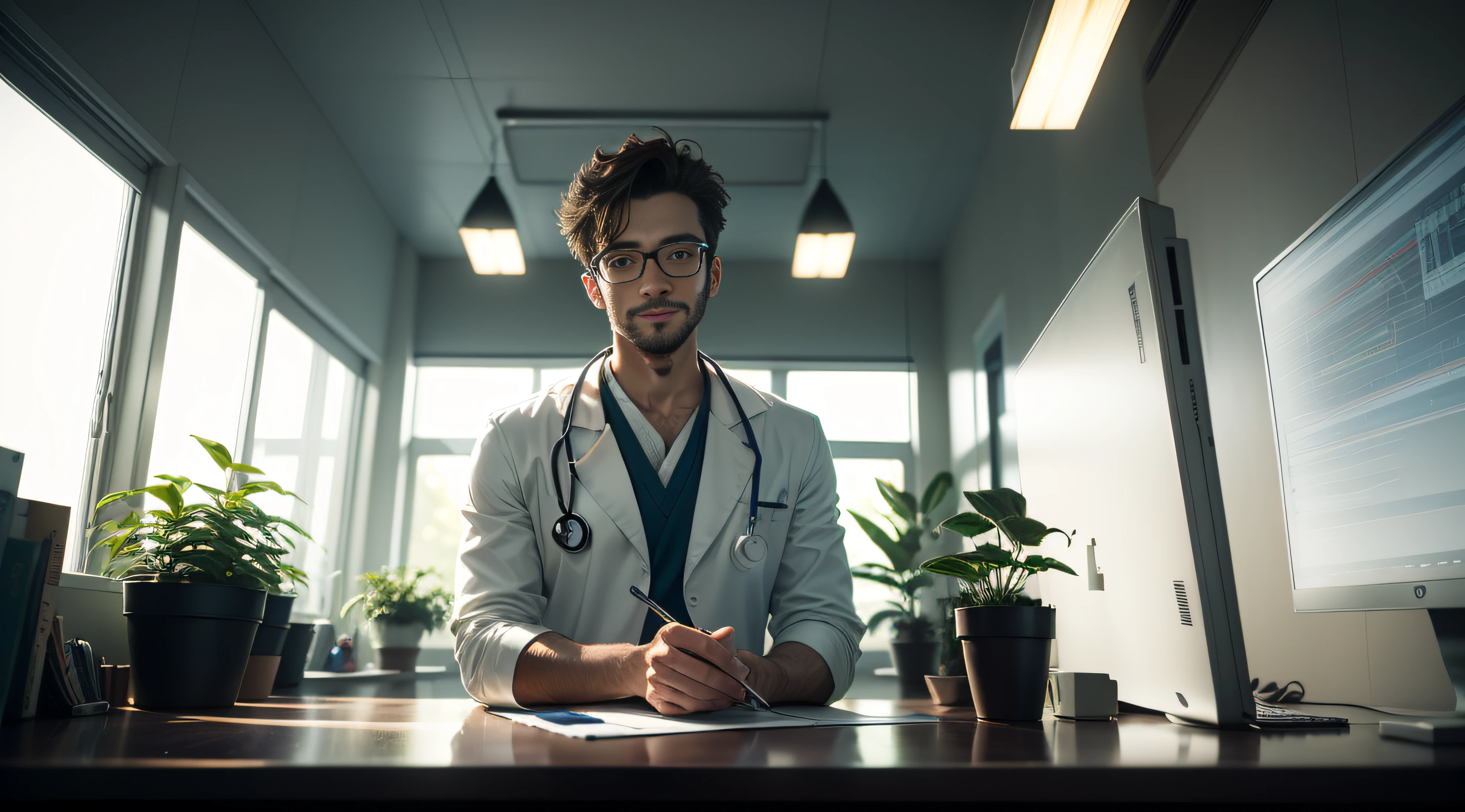 A handsome male doctor wearing glasses conducts academic thinking at a computer desk Medicine Scientific Research Data Visualization Intelligent System Bright Transparent Strong Light Glare White Background Edge Blur Soft Electronic Devices Computer Screen Data Point Diffusion Dynamic Spacious Harmonious Atmosphere Smile Facial Details White Theme Style White Soft Light on the Edge of the Image Electronic Transparent Form Large Floor-to-Ceiling Windows Direct Sunlight Green Plants Outside the Window Therapeutic Institution Environment Glass Texture Screen Highlight, UHD, retina, super detail, high details, textured skin, ccurate