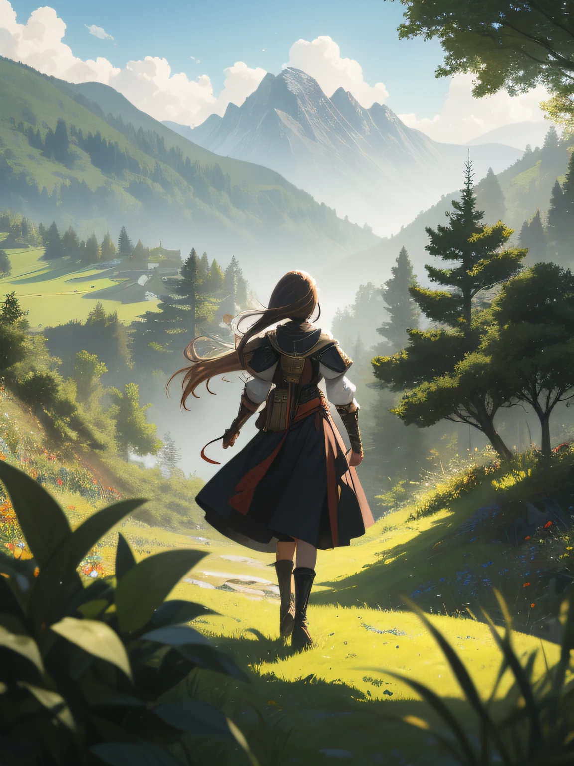 In a green meadow stands a girl leading a group of knights.
BREAK
With a brave expression, she guides them towards their destination.
BREAK
Behind her, a green forest stretches out and beyond that, mountains rise in the distance.
BREAK
The most suitable effect for this scene would be a watercolor painting technique to capture the softness of the meadow and the fluidity of the movement.