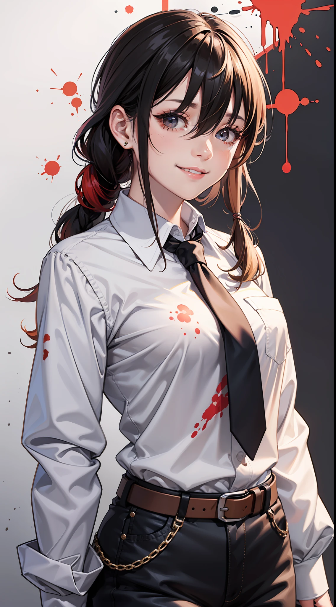 (masterpiece:1,2), best quality, masterpiece, hires, original, extremely detailed wallpaper, perfect lighting,(extremely detailed CG:1.2),1girl, makima (chainsaw man), solo,necktie, shirt, black necktie, red hair, braid, pants, black pants, white shirt, collared shirt, ringed eyes, breasts, braided ponytail, bangs, long sleeves, sidelocks, belt, long hair, medium breasts, orange eyes, shirt tucked in, hair between eyes,
looking at viewer,Blush,Light smile,Fucked silly,smile,grin,closed mouth,
(splatter background:1.5),simple background,outline,concept art,