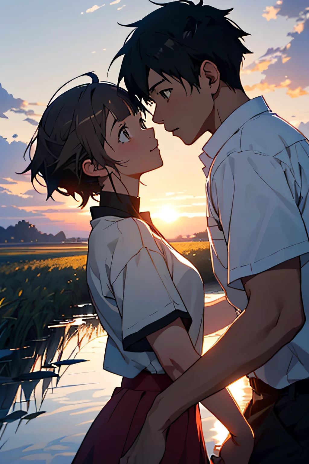 Anime couple walking in the field, (boy + girl), watery big eyes, (delicate and beautiful facial features), is the ultimate gentle beauty, the romantic atmosphere is very strong, the two (hand in hand) walking head-on, (from far and near), (facing the audience), (character shot close-up)), the boy looks at the girl affectionately and tenderly, ((behind is a beautiful sunset)), (girl white shirt with red skirt), (boy white T-shirt with black pants), exquisite clothing, beautiful, delicate, beautiful, Charming and moving, girl hair coiled behind her head, (coiled hair), messy bangs, big watery eyes, light brown eyes, fields dominated by (((amber)) and golden yellow, official art, guweiz and Makoto Shinkai, by Hiroshi Yamagata, Sakimichan and Makoto Shinkai, by Nobuta Yanagawa, style in Ghibli animation style, fiona staples and Makoto Shinkai, style by Makoto Shinkai, masterpiece, master painting, HD, 8K resolution