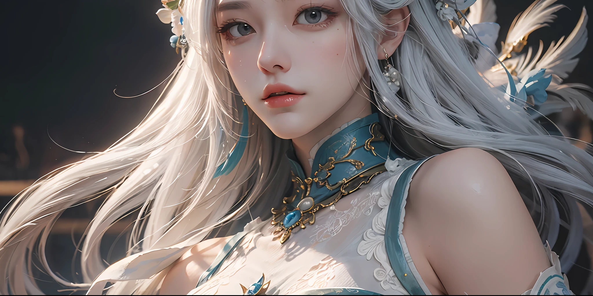 (8k, best quality, masterpiece: 1.2), (realistic, photorealistic photorealistic: 1.37), best quality, masterpiece, unity, an extremely delicate beauty, extremely detailed, medium breasts, fine details, masterpiece, close-up of a woman with white hair and white mask, beautiful figure painting, guviz, guvitz style artwork, white hair god, yang j, epic exquisite character art, stunning character art, fan qi, wu jun shifan, guwiz at pixiv art station