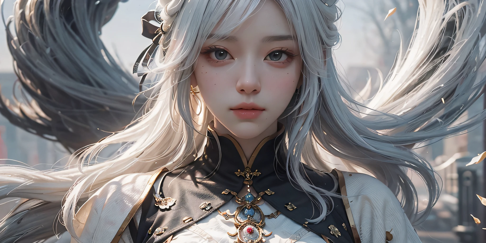 (8k, best quality, masterpiece: 1.2), (realistic, photorealistic photorealistic: 1.37), best quality, masterpiece, unity, an extremely delicate beauty, extremely detailed, medium breasts, fine details, masterpiece, close-up of a woman with white hair and white mask, beautiful figure painting, guviz, guvitz style artwork, white hair god, yang j, epic exquisite character art, stunning character art, fan qi, wu jun shifan, guwiz at pixiv art station