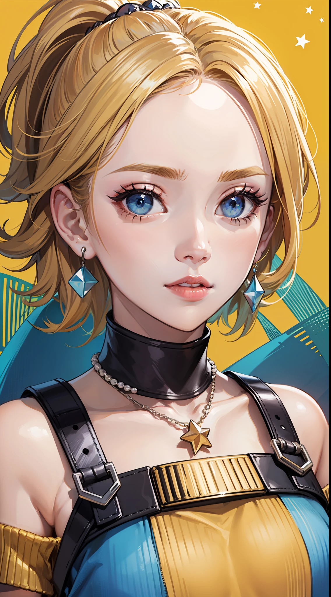 1girl,dynamic angle,high ponytail,solo,yellow background,android 18,blonde hair,star (symbol),looking at viewer,earrings,collar,purple eyes,upper body,orange off-shoulder_sweater,simple background,arms_down,exquisite makeup,blue eyes,belt,pearl_necklace,bracelet,short hair,short sleeves,earrings,