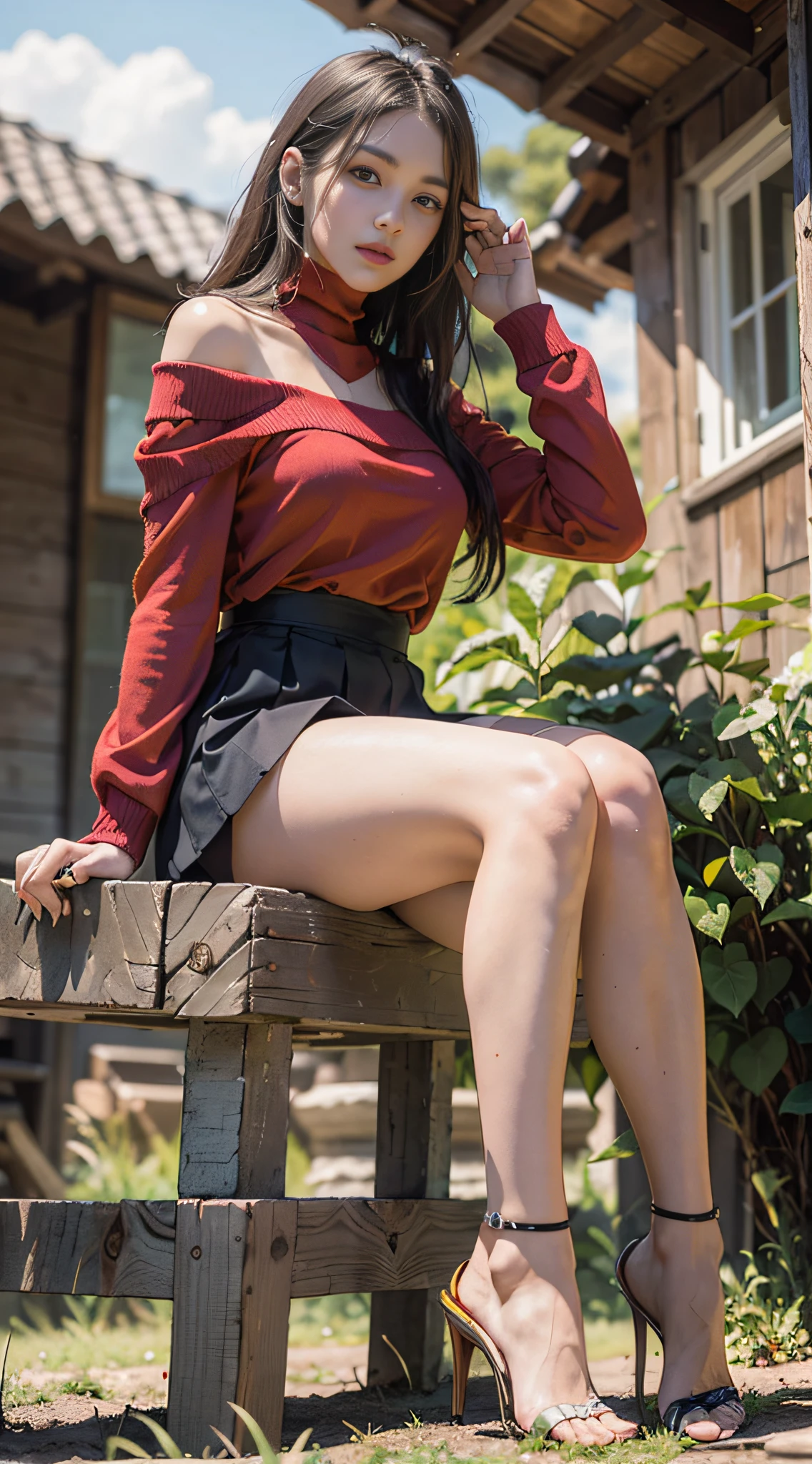 (8k, RAW photos, best quality, Masterpiece: 1.3), (realistic, photo realistic: 1.27), intricate details, (1 -yeld gi, sitting, solo, off-the-shoulder, (summer fashion: 1.4), (red shirt: 1.2), long sleeves, thin skin, long black hair, (perfect body type: 1.4), full body, dynamic pose, delicate eyes, black eyes, (bare legs: 1.8), barefoot, exposed leg skin, (insect eye view: 1.2), (from below: 1.2),
Cool pose,
8k UHD, HDR, extremely refined and beautiful, outside, wooden house, garden, grapefruit, red high heels, (shiny skin), movie lights, turtleneck shirt, short skirt, incredible tights,