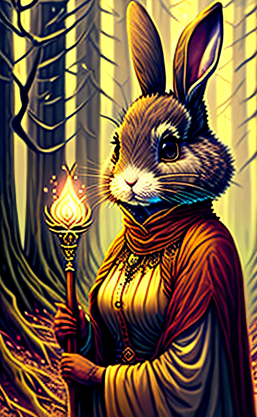 The Empress
"A motherly rabbit with a kind yet intense gaze, holding a scepter. A barren and spooky forest surrounds her."