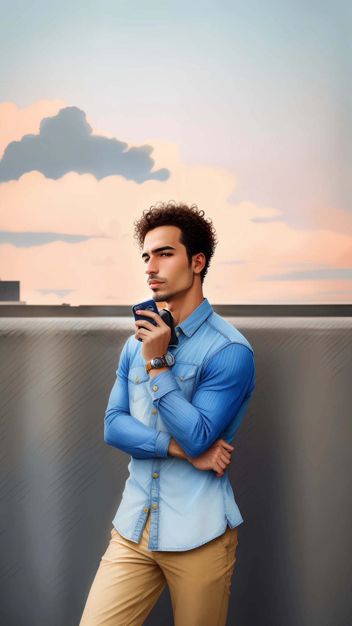 arafed man in a denim shirt and tan pants talking on a cell phone, in sao paulo, inspired by Antônio Parreiras, by Fernando Gerassi, icaro carvalho, sao paulo, oscar niemeyer, caio santos, edu souza, são paulo, by João Artur da Silva, by Samuel Silva