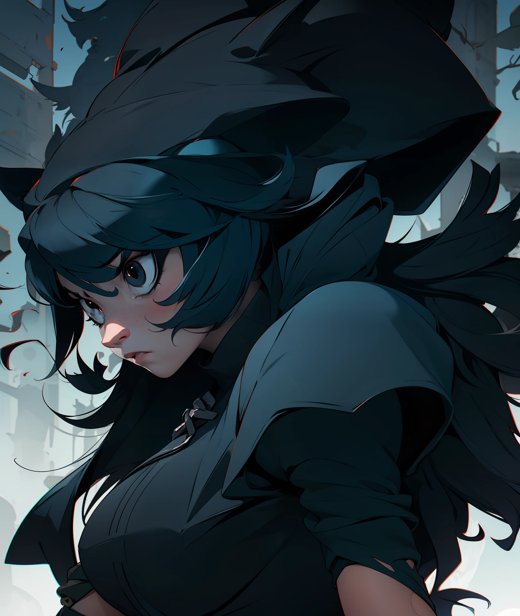 1girl, black hair, monk, wolf girl, wolf ears, wolf tail, busty, furry, angry, black eyes, black clothing, goth, emo, tall, grey fur, mean