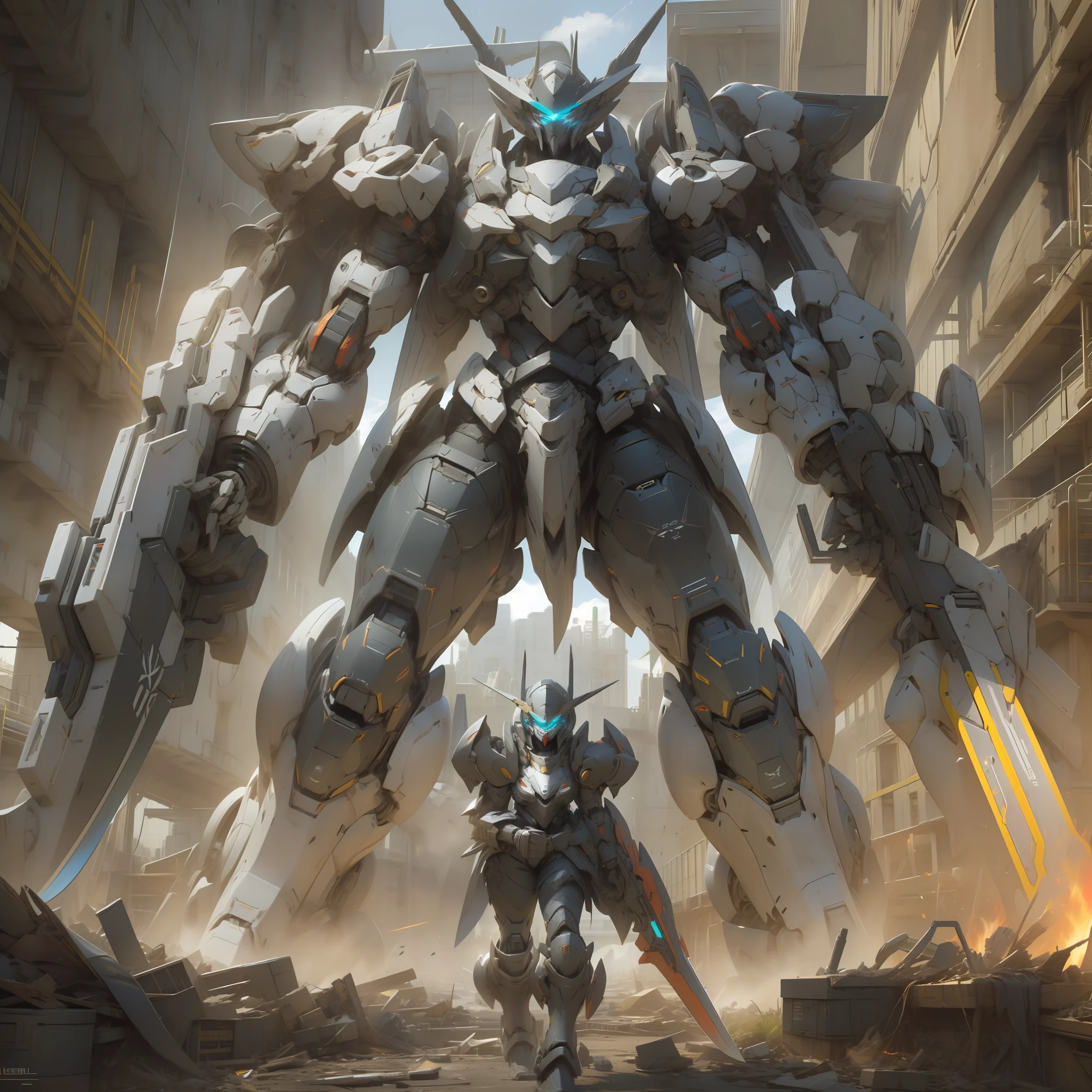 masterpiece, best quality, mecha, no humans, (full body), (black armor mecha:1.5), (Axisymmetric:1.4),(HDR), (cinematic light:1.1), blue eyes, science fiction, fire, laser canon beam, war, conflict, destroyed city background holding weapon,(holding huge weapon:1.5), holding Very large shield, mechagirl girl,