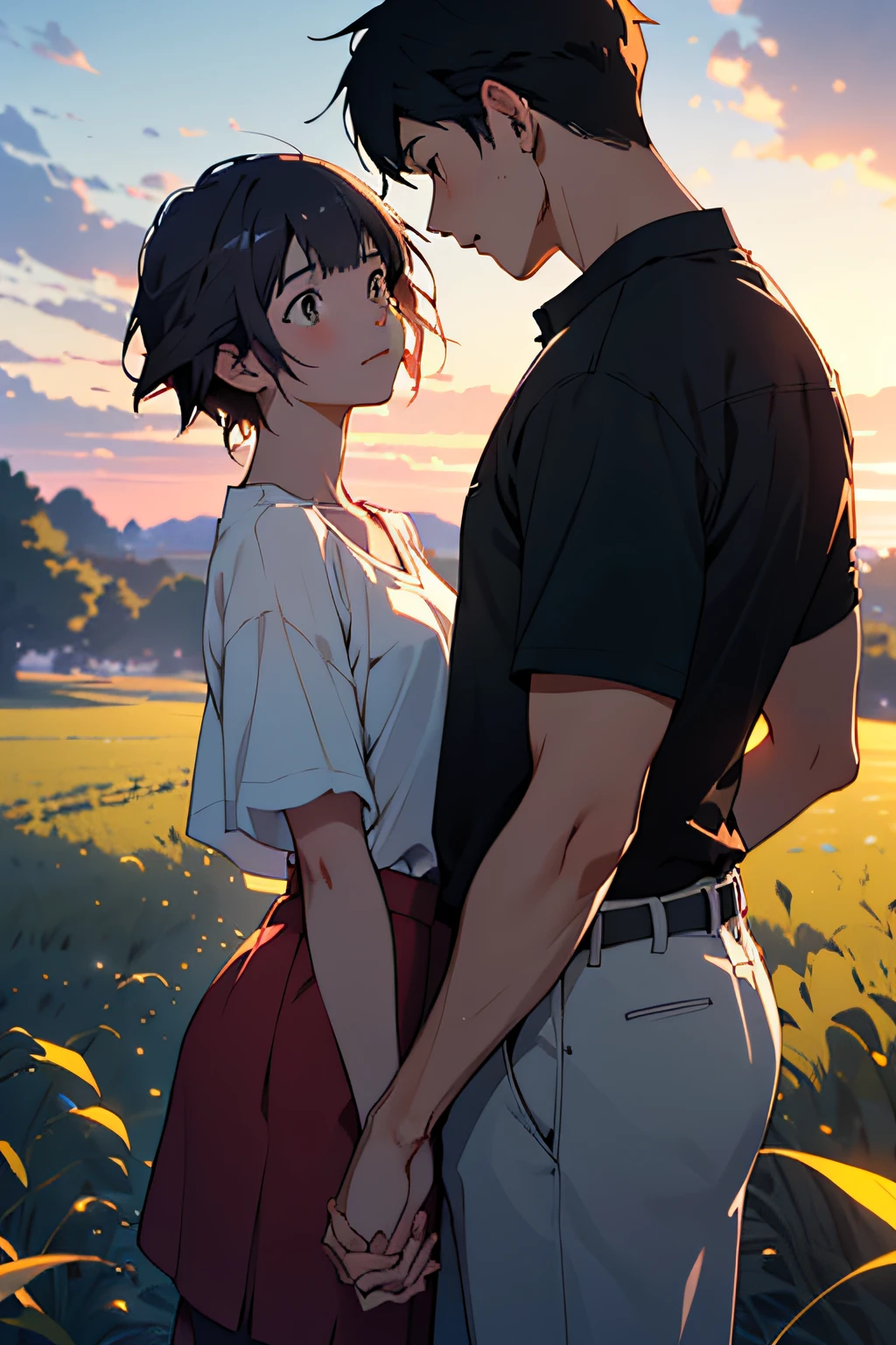 Anime couple walking in the field, (boy + girl), watery big eyes, (delicate and beautiful facial features), is the ultimate gentle beauty, the romantic atmosphere is very strong, the two (hand in hand) walking head-on, (from far and near), (facing the audience), (character shot close-up)), the boy looks at the girl affectionately and tenderly, ((behind is a beautiful sunset)), (girl white shirt with red skirt), (boy white T-shirt with black pants), exquisite clothing, beautiful, delicate, beautiful, Charming and moving, girl hair coiled behind her head, (coiled hair), messy bangs, big watery eyes, light brown eyes, fields dominated by (((amber)) and golden yellow, official art, guweiz and Makoto Shinkai, by Hiroshi Yamagata, Sakimichan and Makoto Shinkai, by Nobuta Yanagawa, style in Ghibli animation style, fiona staples and Makoto Shinkai, style by Makoto Shinkai, masterpiece, master painting, HD, 8K resolution