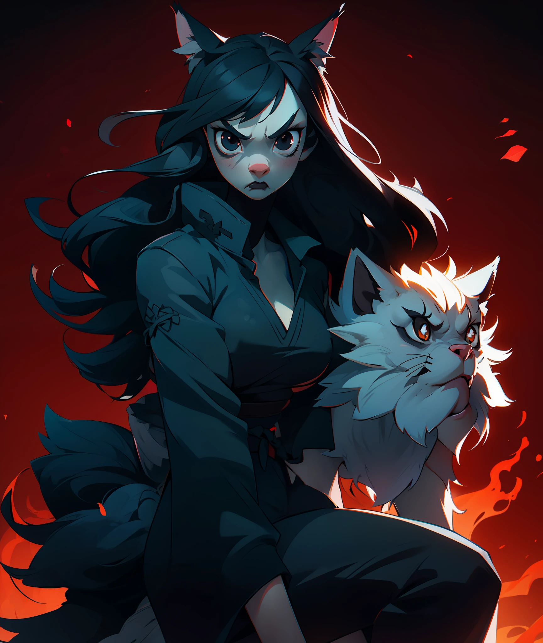 1girl, black hair, monk, wolf girl, wolf ears, wolf tail, busty, furry, angry, black eyes, black clothing, goth, emo, tall, grey fur, mean