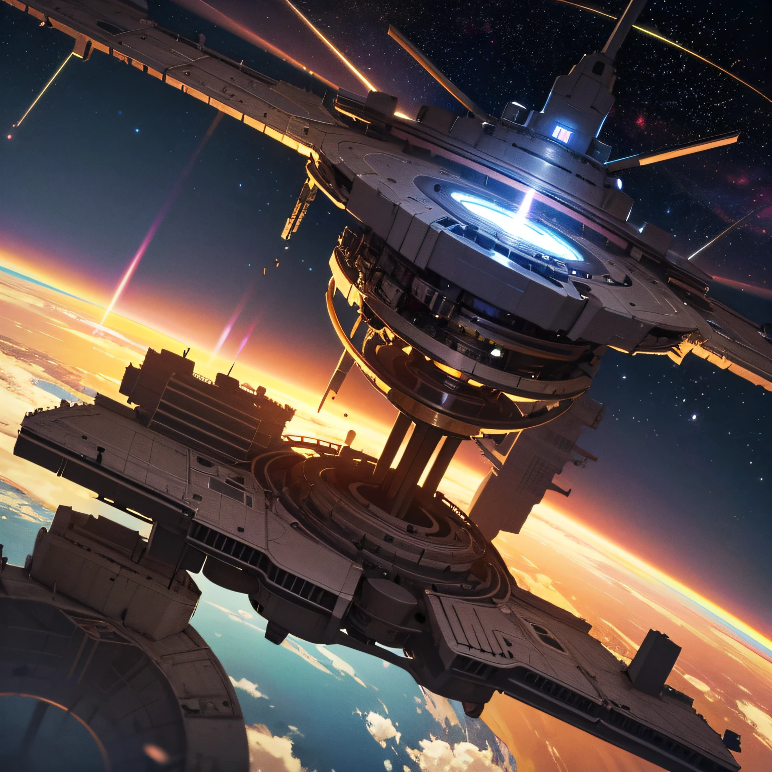 A space station located in space amidst the vast expanse of stars, planets, and galaxies would be a remarkable feat of engineering.(((masterpiece))), ((best quality)), realistic, 8k, ultra-detailed, realistic, scenery, ConceptArt, Highly detailed RAW color Photo, side Angle, (lens flare:0.7), particle effects, raytracing, cinematic lighting, shallow depth of field, photographed on a Sony Alpha 1, 50mm wide angle lens, sharp focus, cinematic film still, dynamic pose., --auto