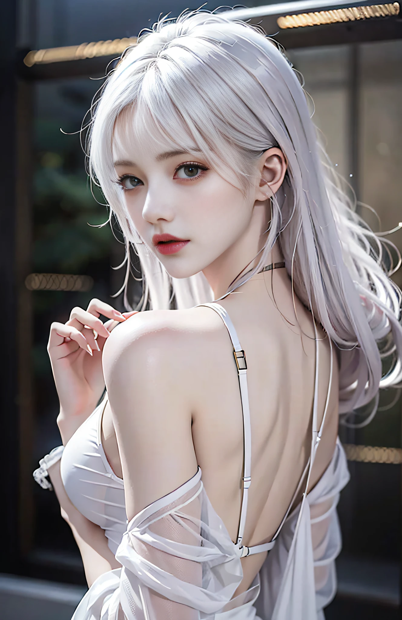 Realistic, high resolution, upper body, 1 woman, white hair, glowing eyes, shirt, transparent garment, 8K, CG, seduction, goddess, hands on the back of the head