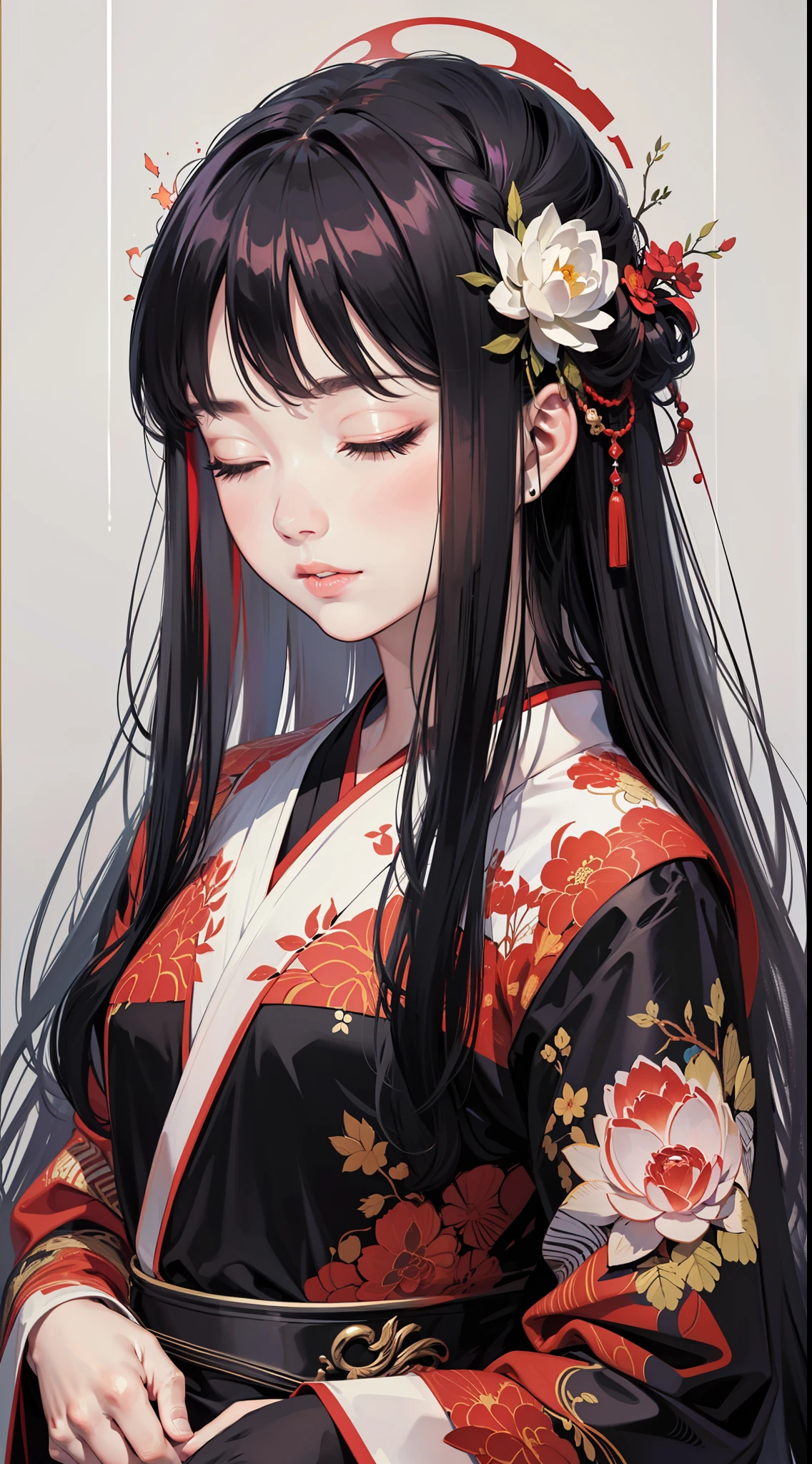 (original), (masterpiece) , (best quality) ,(reality), photorealistic, Octane rendering, (surreal) , perfect features,1 girl, colorful,translucent hair, (glowing inner hair),the perfect appearance,black hair,long hair,(black clothes:1.2),hanfu,closed eyes,red lotus,(white background:1.3),(flat color:1.2),expressionless