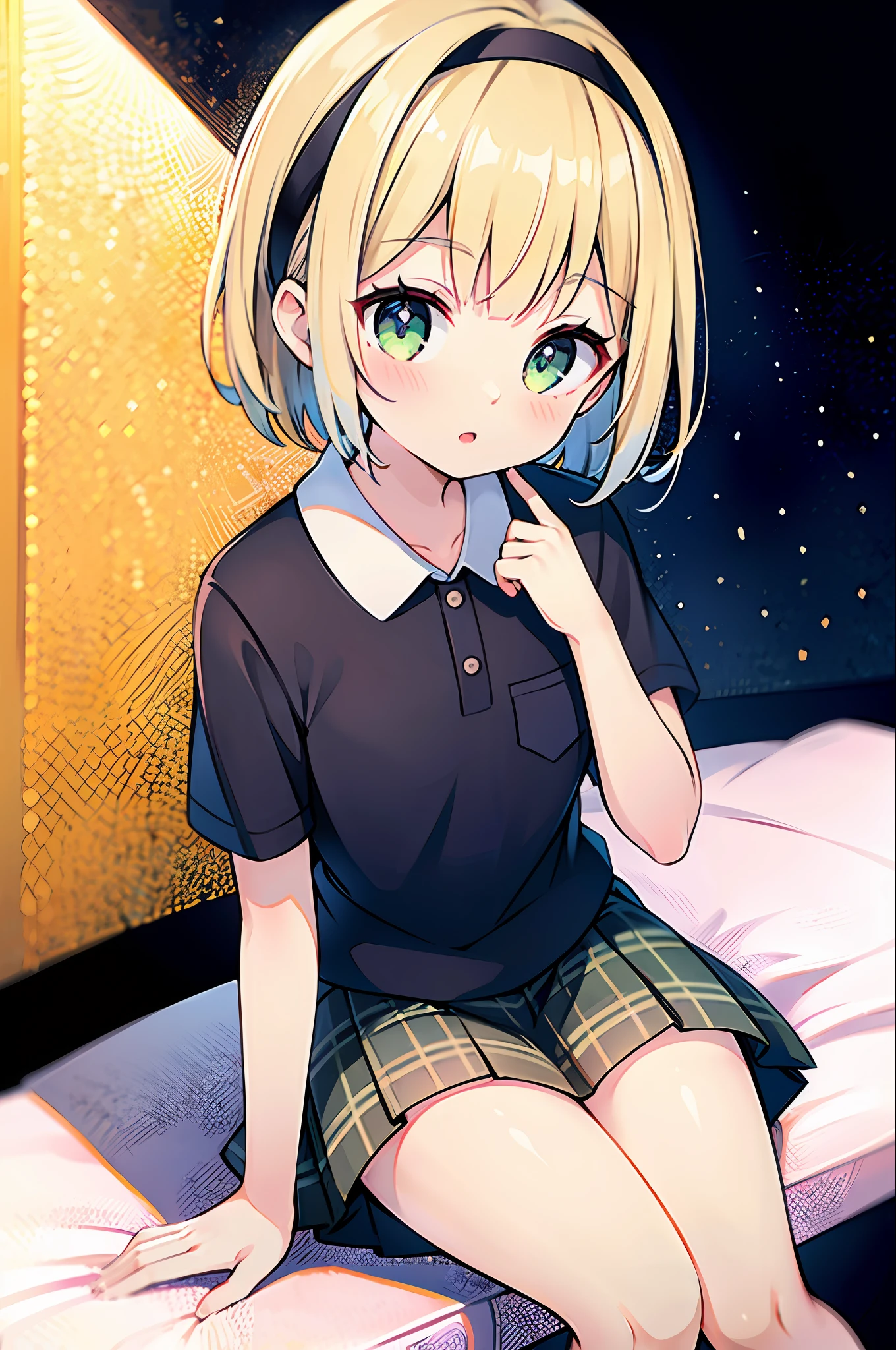 Top quality, super high resolution, 1 girl 16 years old, short hair, blonde, hair band, light green eyes, small, polo shirt, plaid skirt,