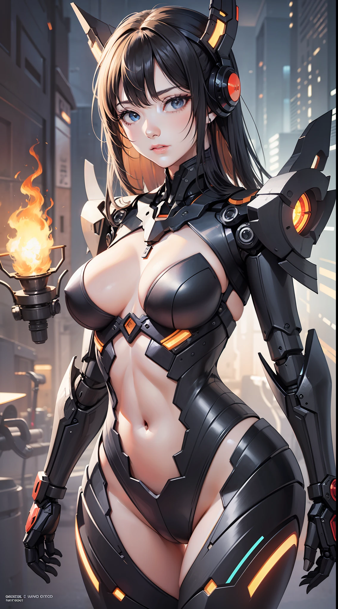 Original, very detailed wallpaper, very detailed illustrations, (1 Girl) , perfect female body, beautiful eyes, (delicate face) , (mechanical girl) , (mechanical element) , mechs enveloping the body, burning everywhere, perfect detail features, (seductive expression) , eyes, impact, (shiny skin) , (best lighting) , (super-complex detail) , 4K Unity, (super-detailed CG: 1.2) , (8K: 1.2),((hip focus1.3)), thighs,