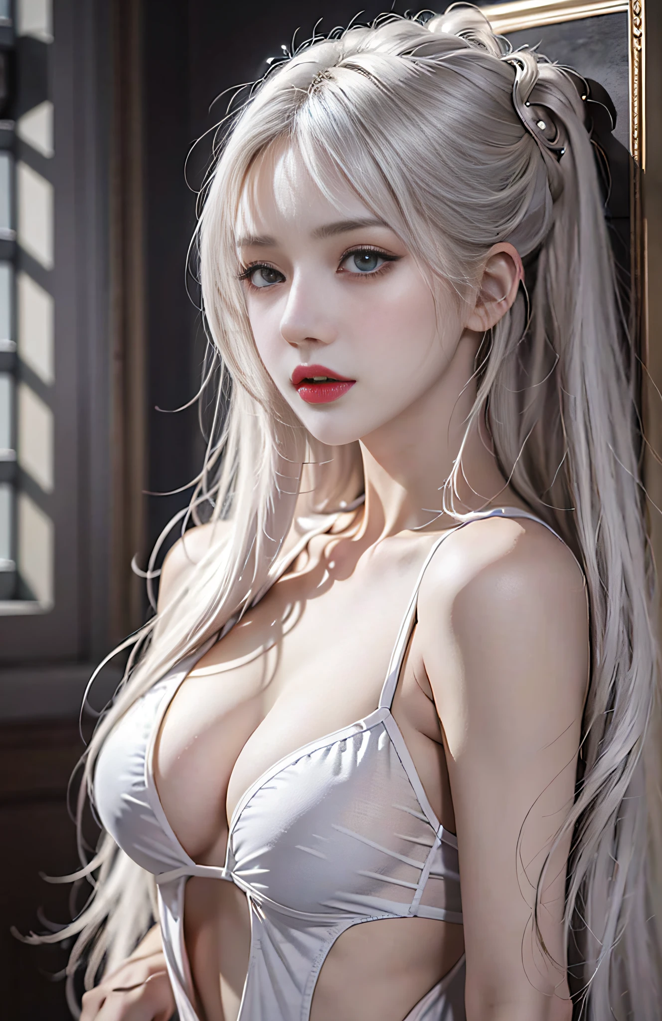 Realistic, high resolution, upper body, 1 woman, white hair, glowing eyes, shirt, transparent garment, 8K, CG, , goddess, hands on the back of the head